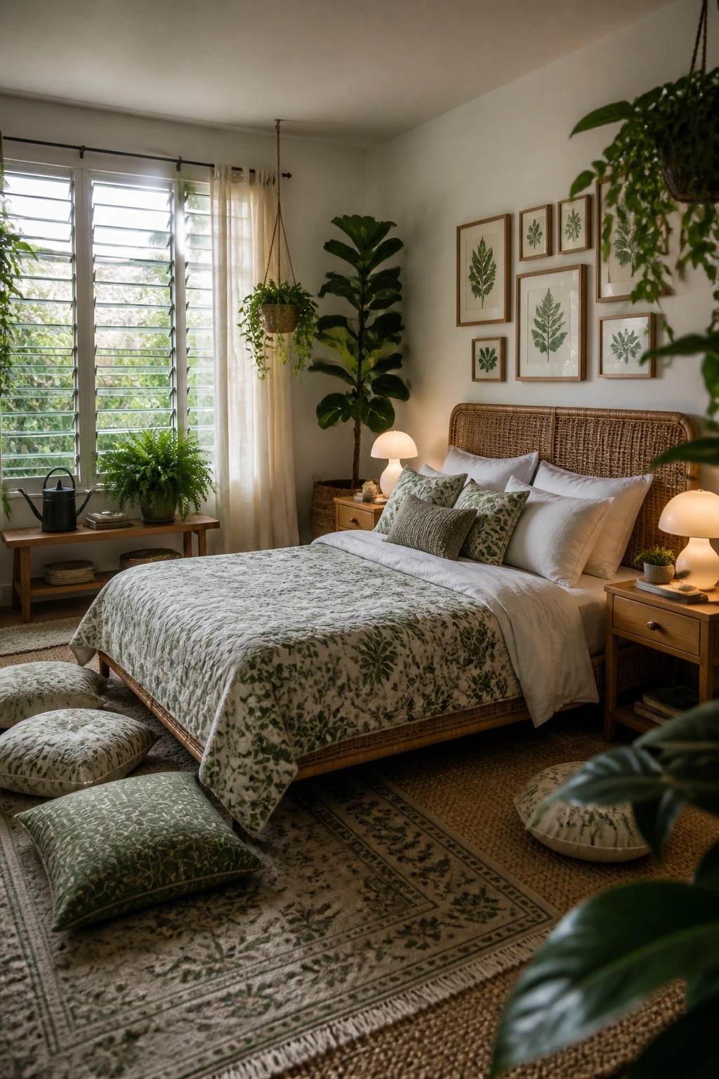 A bedroom with a large bed covered in green patterned bedding, a rattan headboard, layered rugs on the floor, and several floor cushions scattered around the bed area.