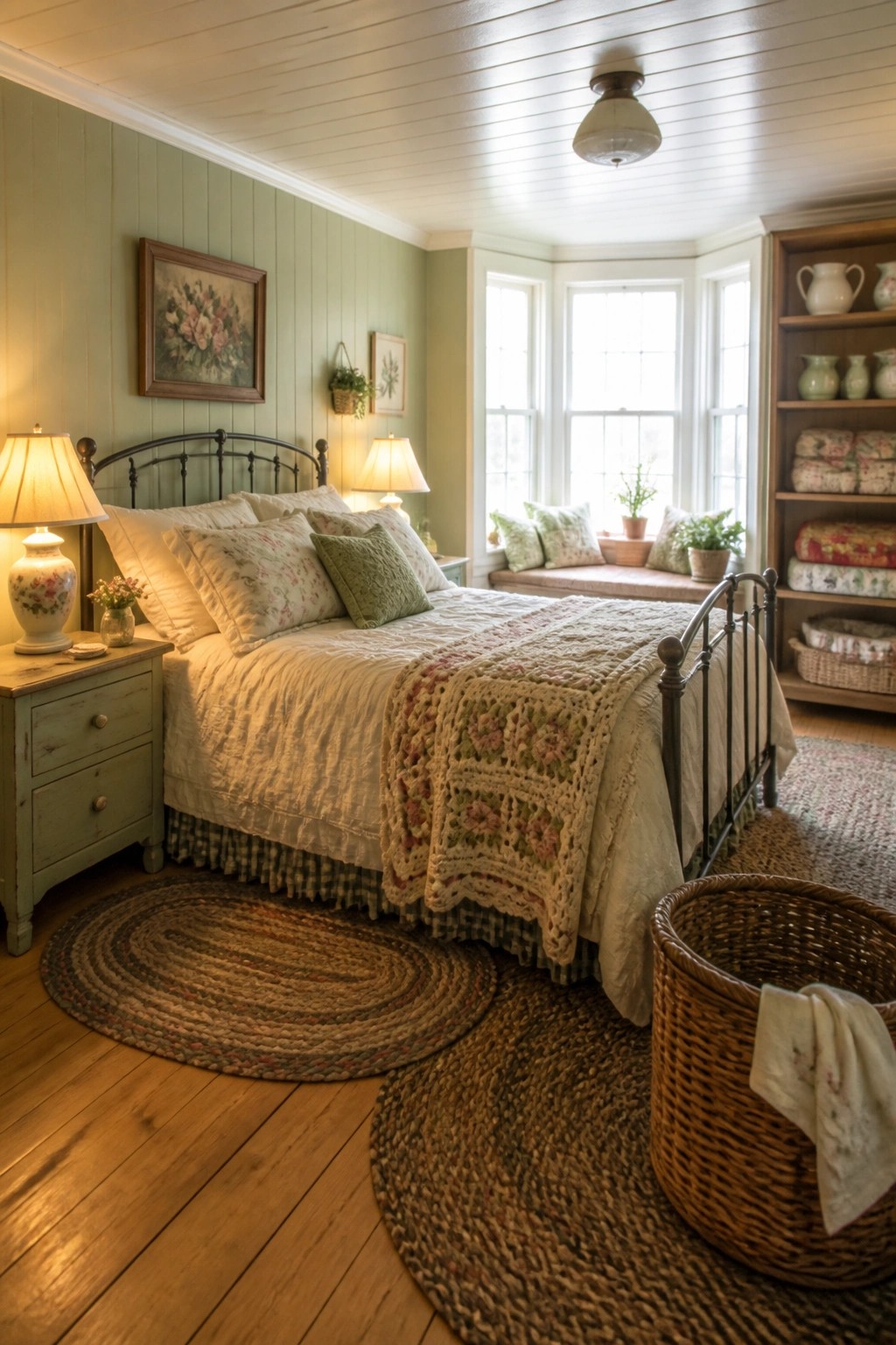 A bedroom interior featuring a black metal bed with layered white bedding and a floral crocheted throw, two lit table lamps, green paneled walls, and multiple braided rugs on the wood floor.