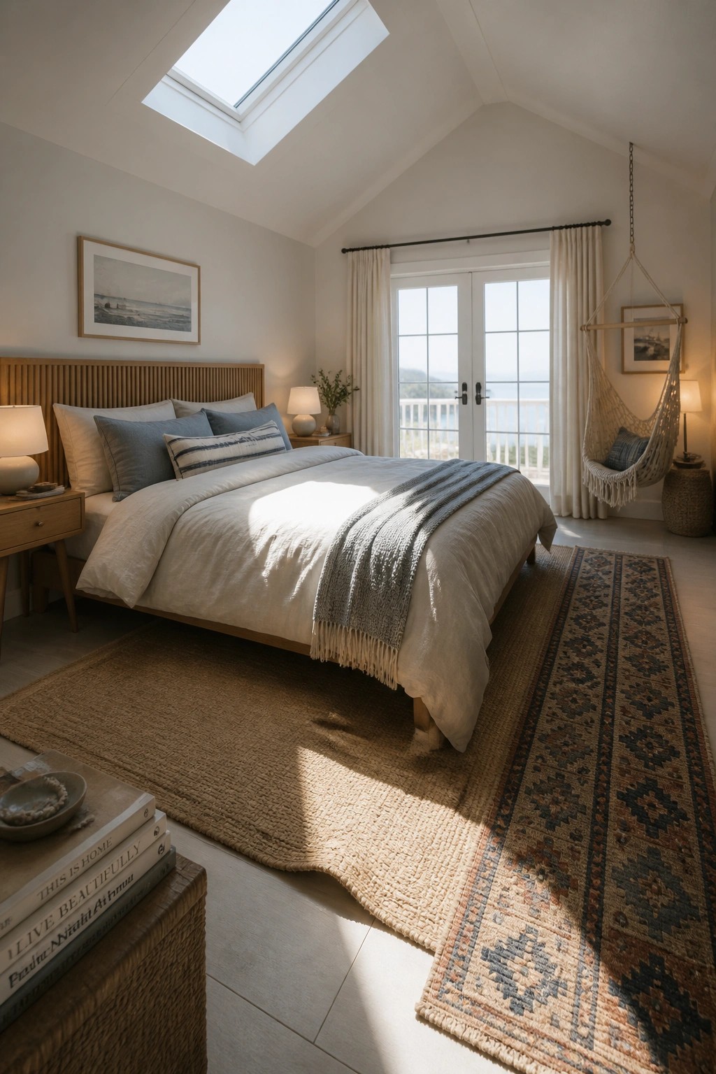 Serene bedroom with wooden bed, hanging macrame chair, skylight, and ocean-view doors