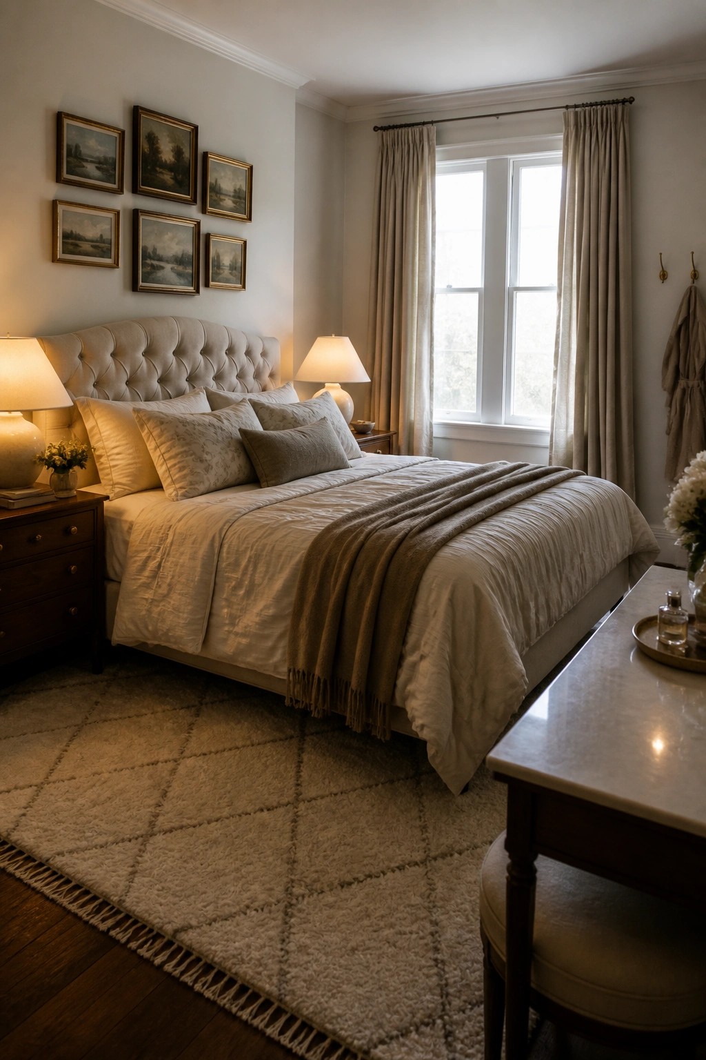 Elegant bedroom with tufted bed, neutral linens, gallery wall, and plush rug