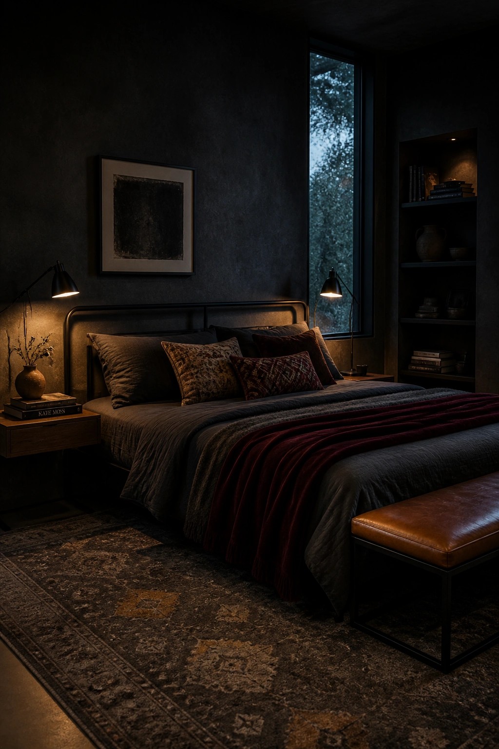 A dark bedroom featuring a bed with layered gray and burgundy bedding, multiple pillows, two lit bedside lamps, a large patterned rug, and a tall window at dusk.