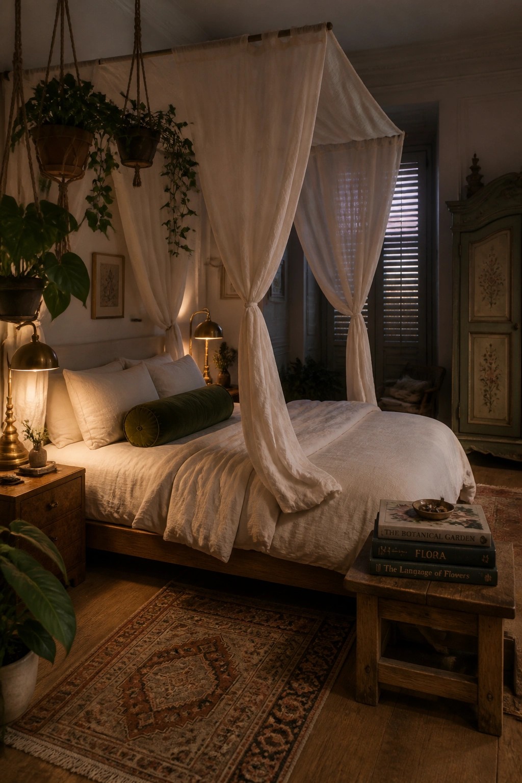 A bedroom featuring a wooden canopy bed with white linens, surrounded by multiple hanging plants in macrame holders and several potted plants on the floor and furniture.