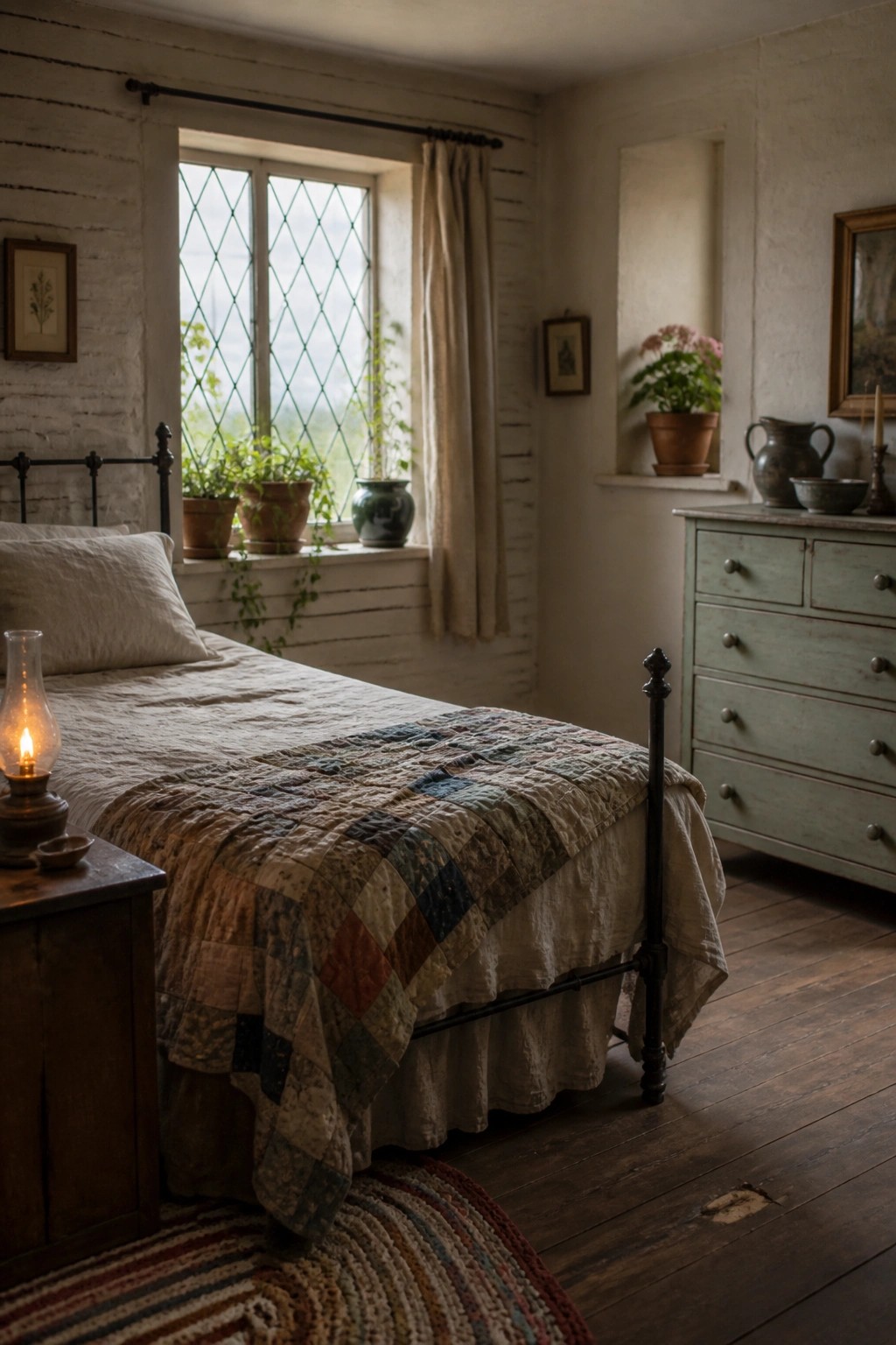 A bedroom with a bed covered by a patchwork quilt, a lit oil lamp on a wooden nightstand, and multiple potted plants arranged along a white windowsill.