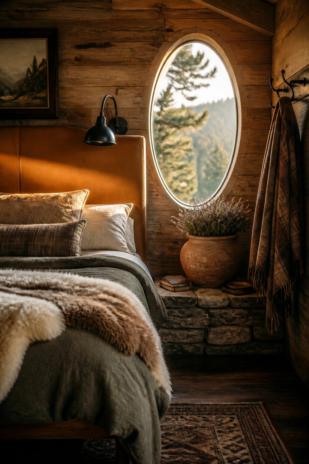 A bedroom corner with a large oval window, a terracotta pot of purple flowers resting on a low stone ledge, and a bed dressed in earthy linens and throws.