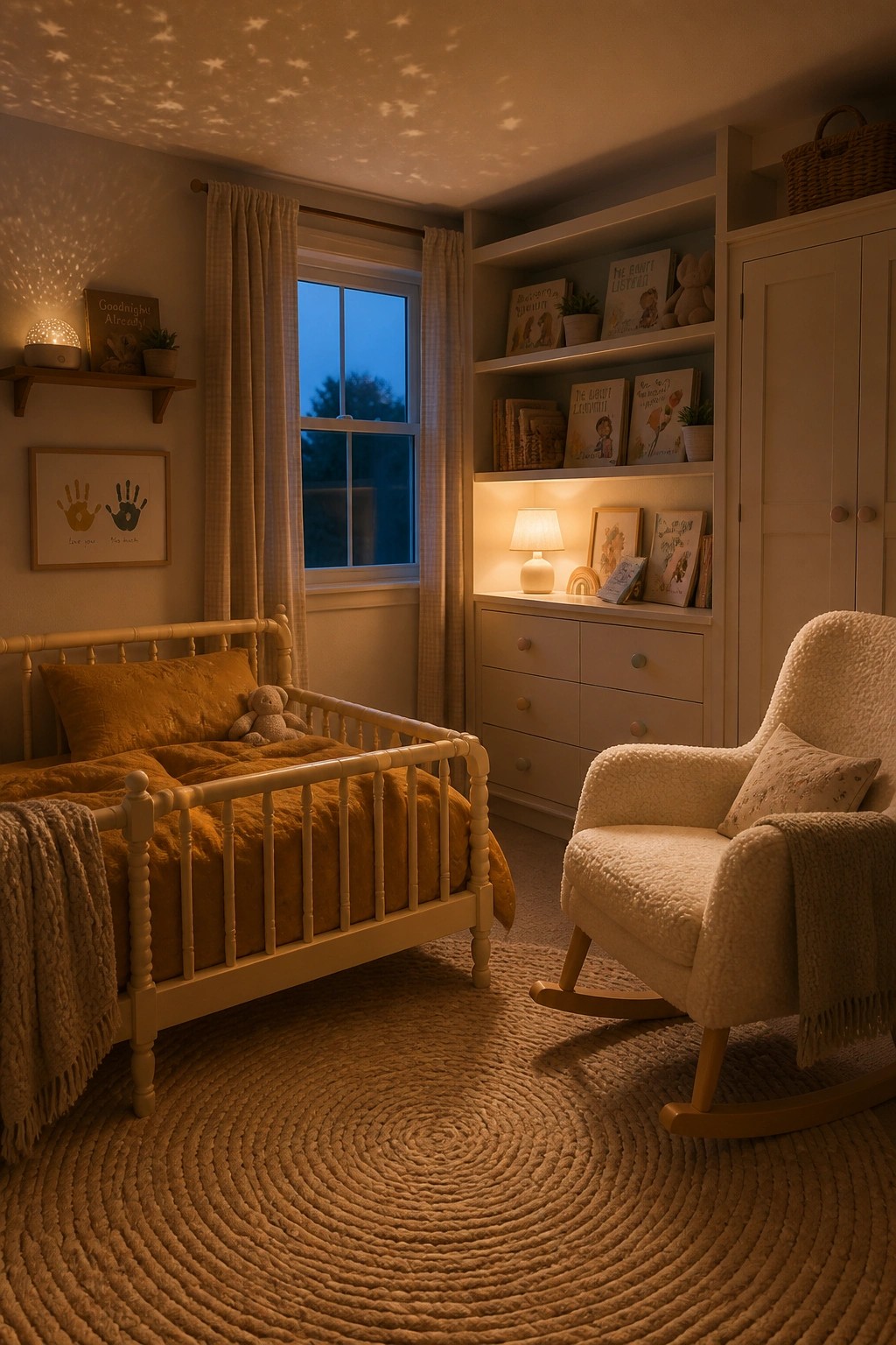 A child's bedroom featuring a white crib with mustard bedding, a white rocking chair with a pillow, built-in bookshelves, and a round woven rug, with star projections on the ceiling.