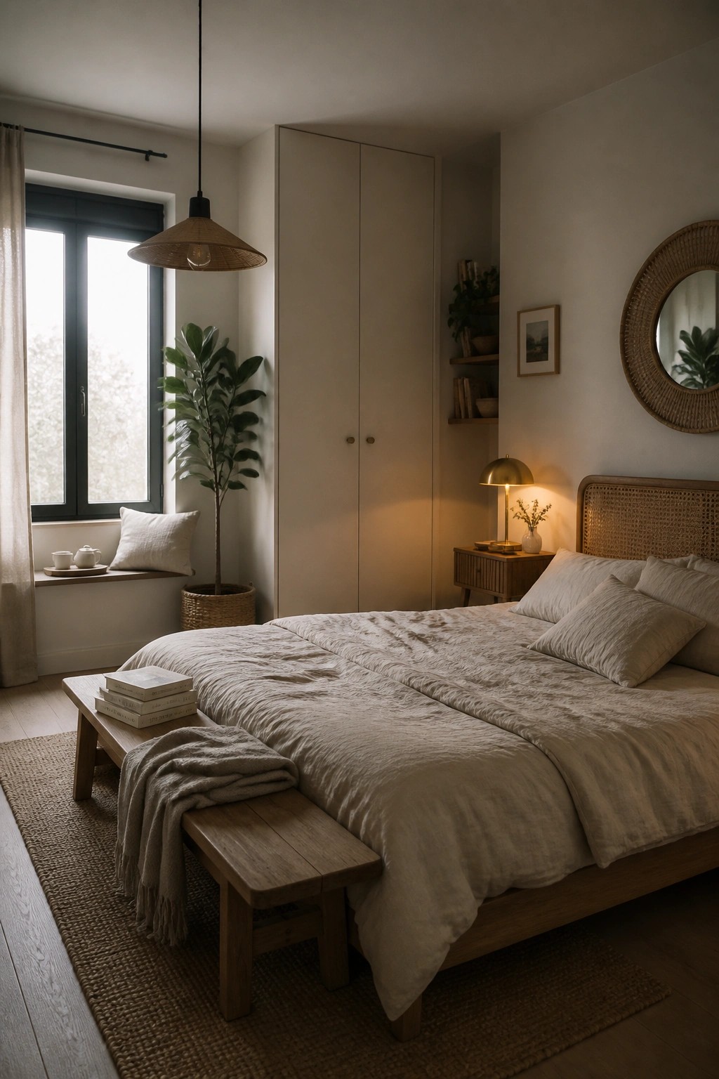 A bedroom with a wooden bed covered in neutral linen bedding, a low wooden bench at the foot holding stacked books and a throw blanket, and a woven pendant light overhead.