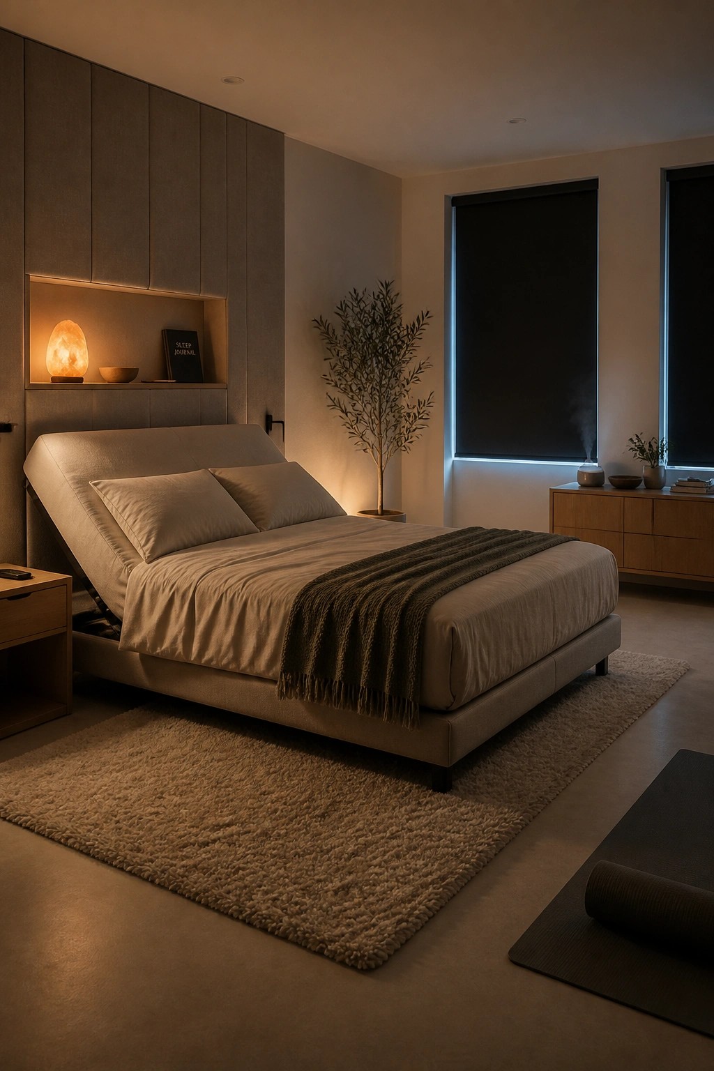 A modern bedroom featuring a large bed with its head raised on an adjustable frame, warm light from a salt lamp in a recessed wall niche, and a shaggy rug on the floor.