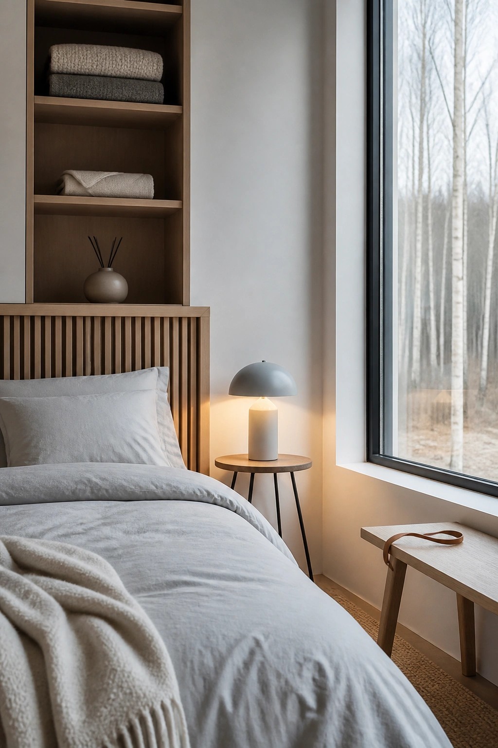 A bedroom corner showing a wooden bed with built-in shelving above it holding folded linens and a small vase, next to a side table with a lamp and a large window.