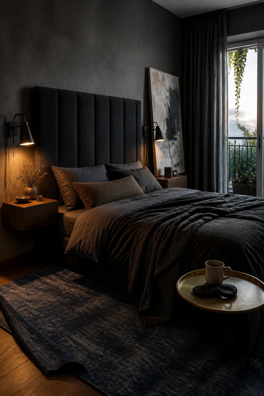 A dimly lit bedroom featuring dark gray walls, a tall black upholstered headboard, dark bedding, wooden floating nightstands, and a large window with dark curtains.