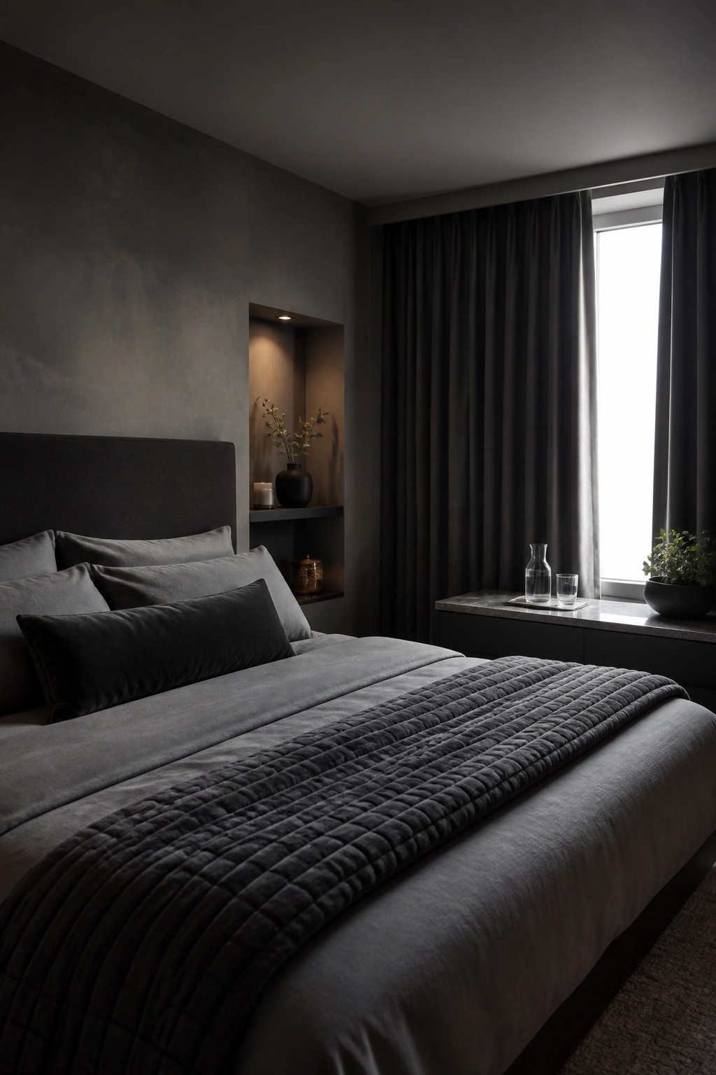 A bedroom with a large bed covered in dark gray bedding and multiple pillows, set against a textured gray wall with built-in shelves holding vases and a plant, next to a window with floor-length dark curtains.