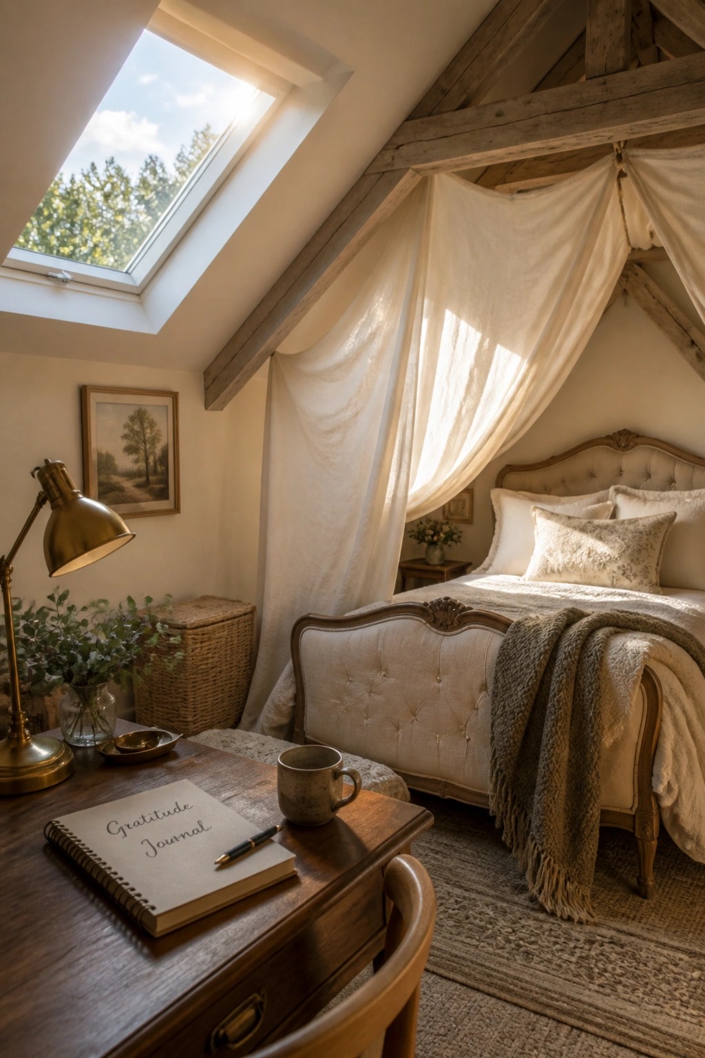 Cozy attic bedroom with white canopy bed, wooden desk, gratitude journal, and skylight.