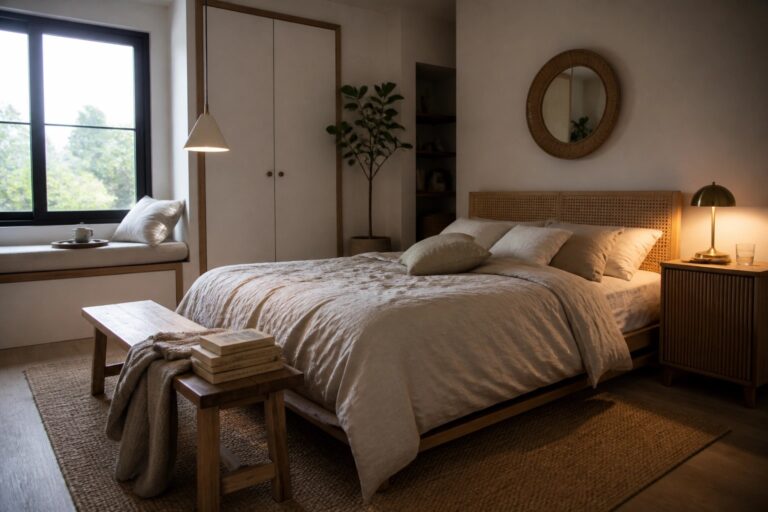 A bedroom with a wooden bed covered in neutral linen bedding, a low wooden bench at the foot holding stacked books and a throw blanket, and a woven pendant light overhead.