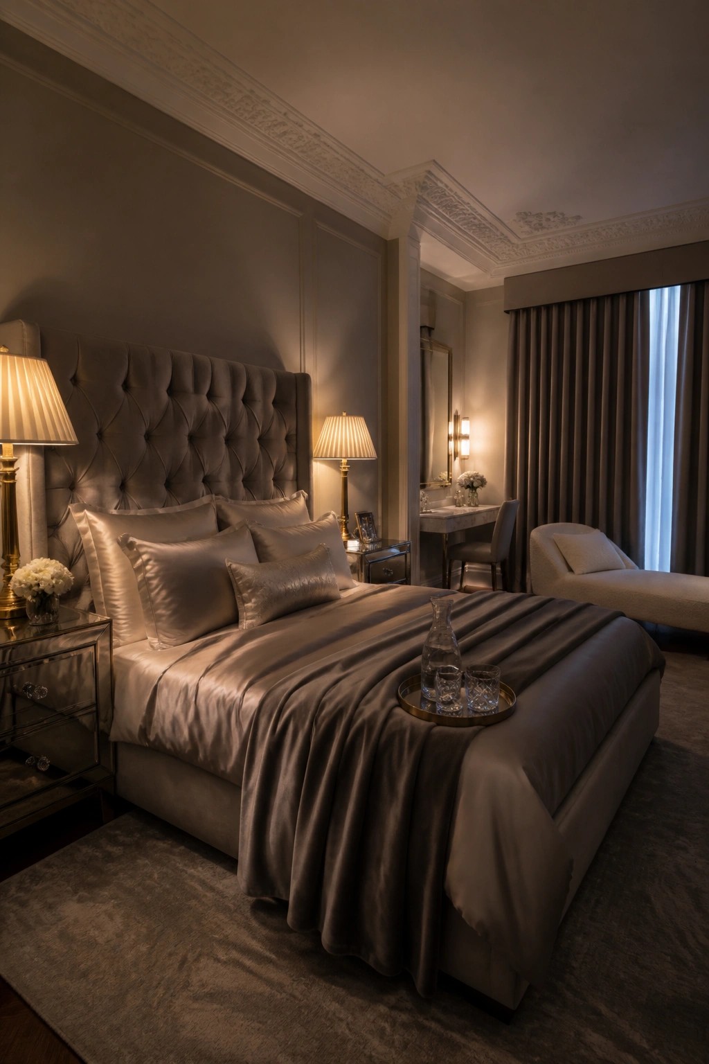 A bedroom with a large tufted upholstered bed covered in layered neutral silk bedding, two lit table lamps on mirrored nightstands, and a chaise lounge near a curtained window.