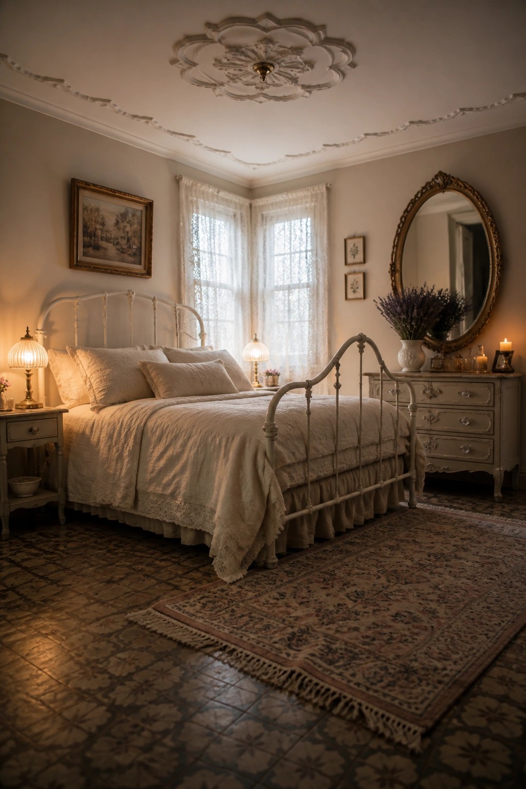 Vintage bedroom with white iron bed, patterned rug, ornate ceiling, and warm lamplight.
