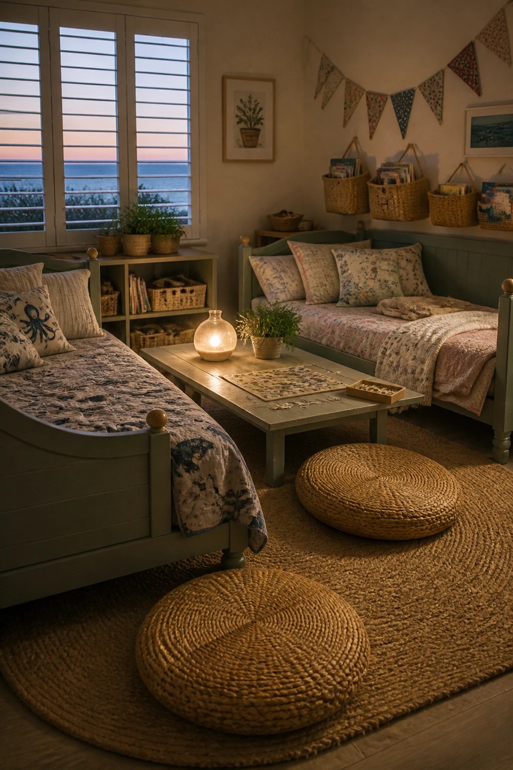 A bedroom interior with two green beds, a low wooden table holding a jigsaw puzzle, two round woven floor cushions on a large jute rug, and windows with shutters overlooking the sea at dusk.