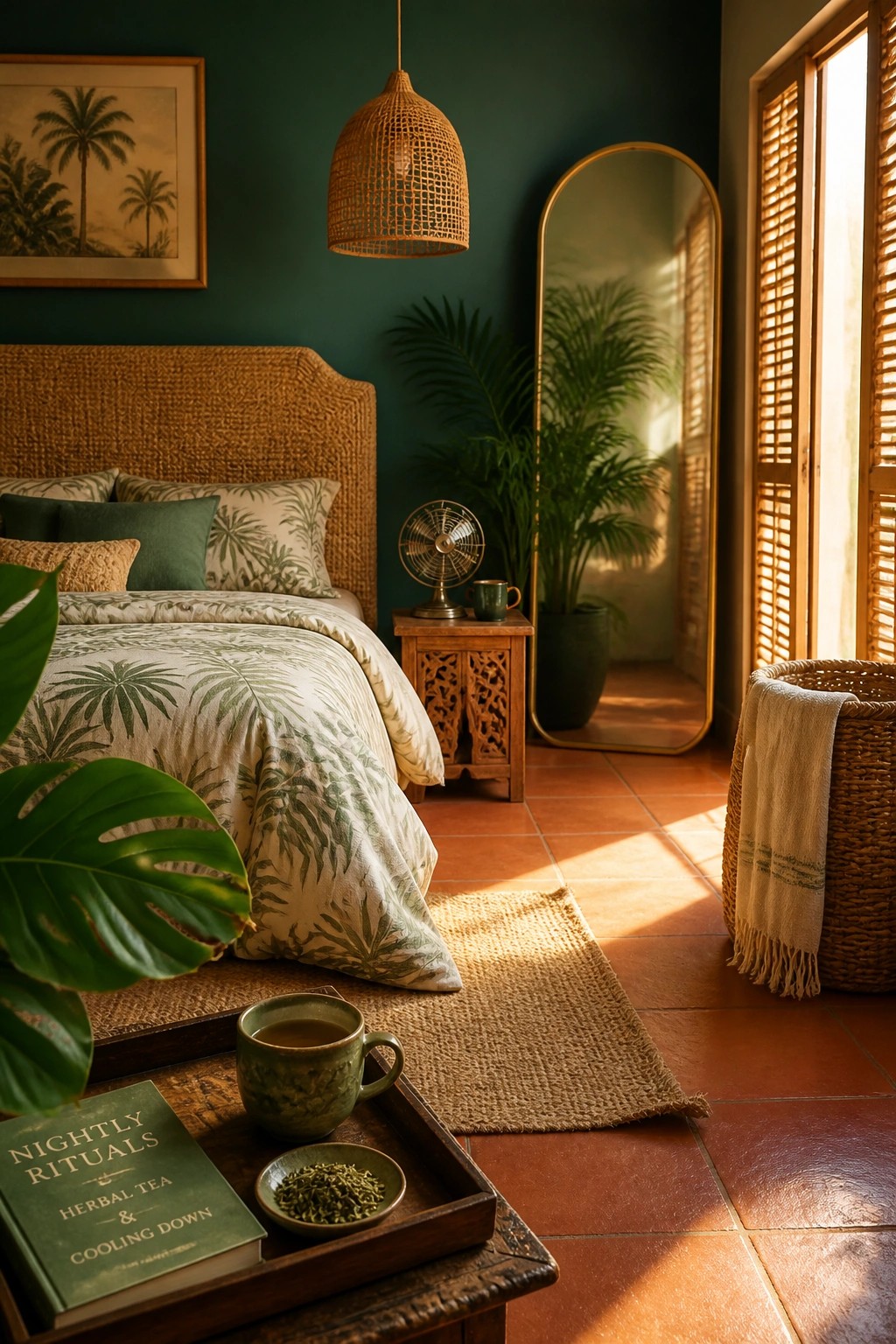 A bedroom with a woven rattan headboard, dark green walls, terracotta tile floor, a jute rug, and a wooden tray holding tea and a book titled Nightly Rituals.