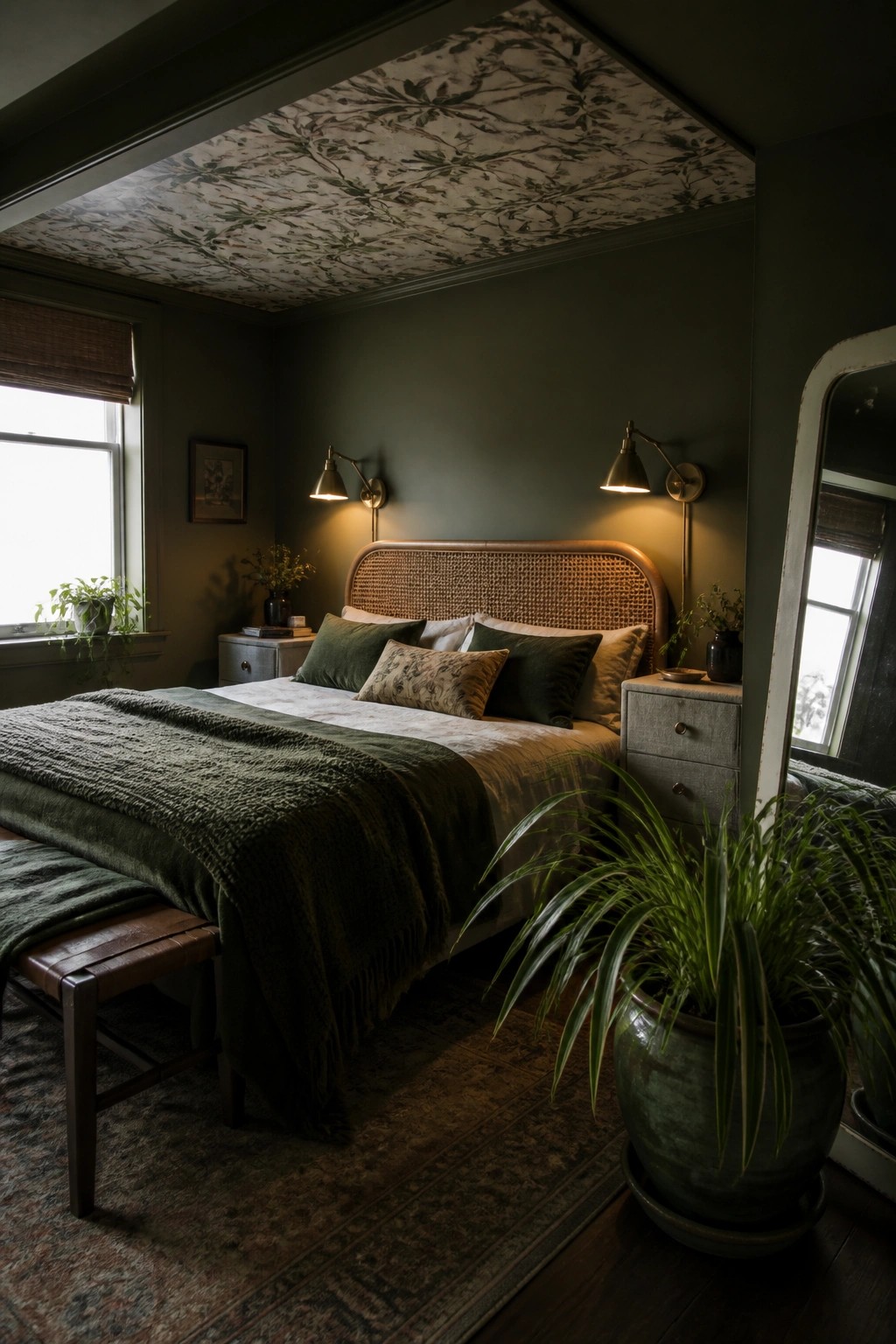 A bedroom with dark green walls, a patterned ceiling featuring green foliage, a rattan headboard bed with green and neutral bedding, wall sconces, and a large potted plant in the foreground.