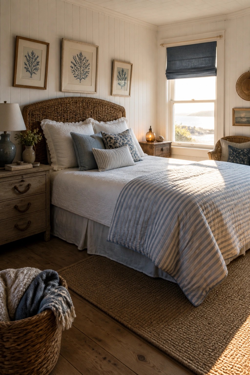 A bedroom featuring a bed with blue and white striped bedding, a woven headboard, wooden nightstands, and a window with a view of the water.