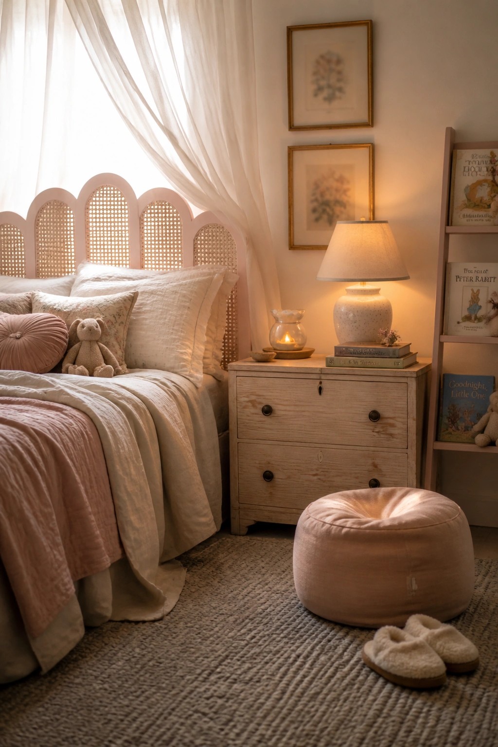Cozy pink bedroom with rattan headboard, linen bedding, lamp on nightstand, and plush pouf.