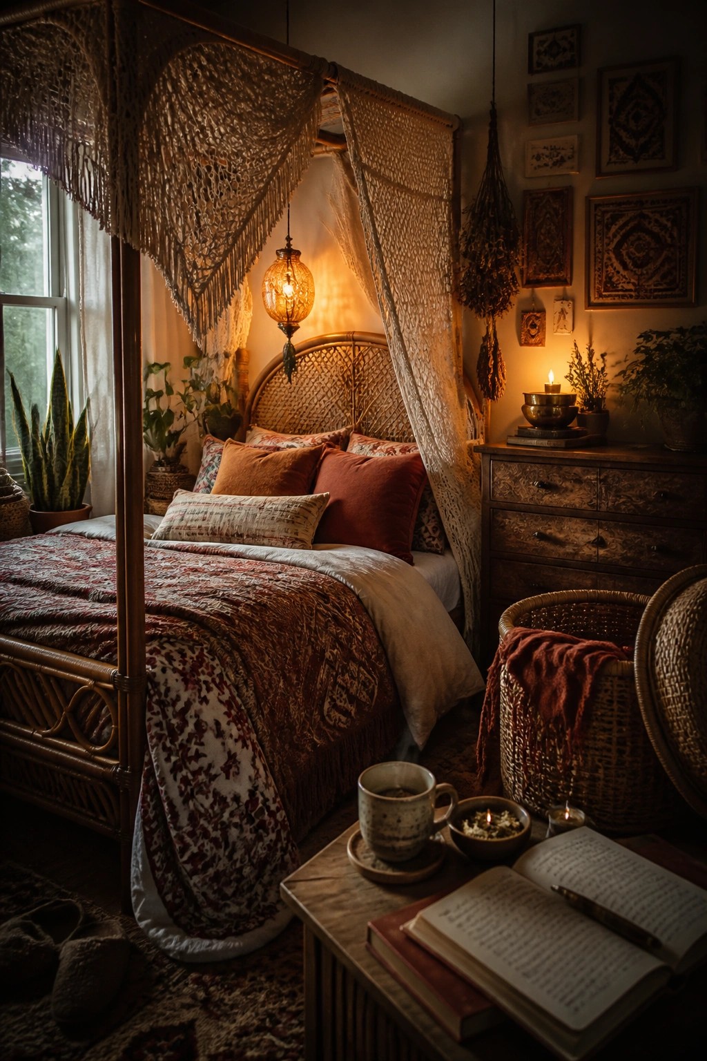 A bedroom with a wooden canopy bed draped in macrame fabric, warm hanging lamp, red patterned bedding, wooden dresser, and an open book on a small table.