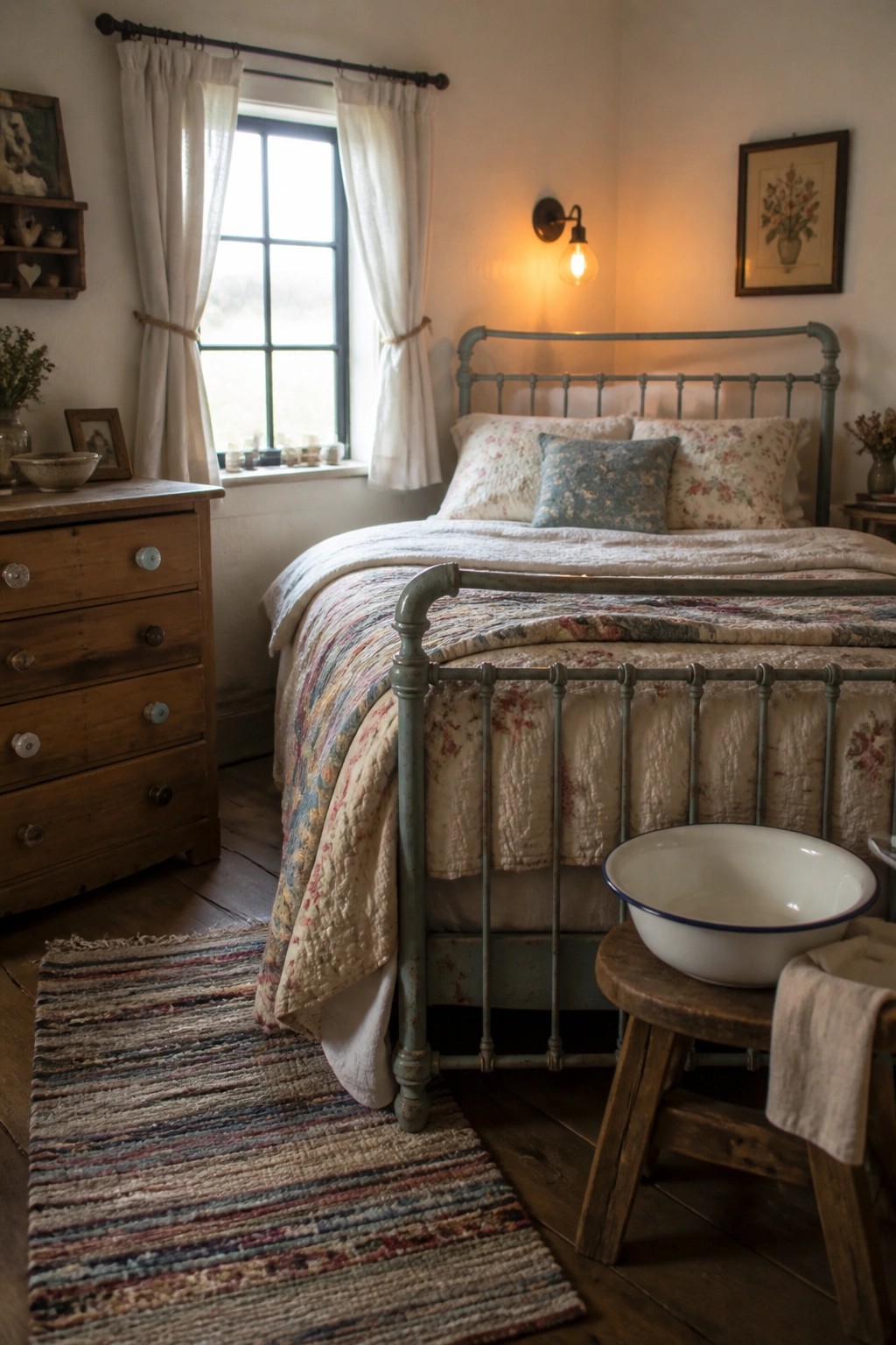 Cozy vintage bedroom with floral quilt, metal bed frame, wooden dresser, and striped rug
