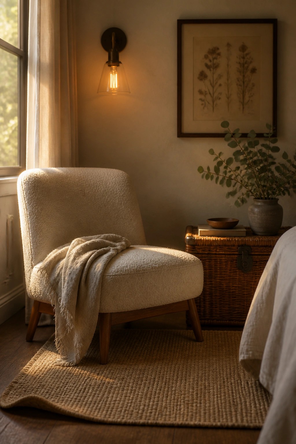 A cream boucle armchair with a draped throw blanket sits on a woven rug beside a wicker chest under a wall sconce.
