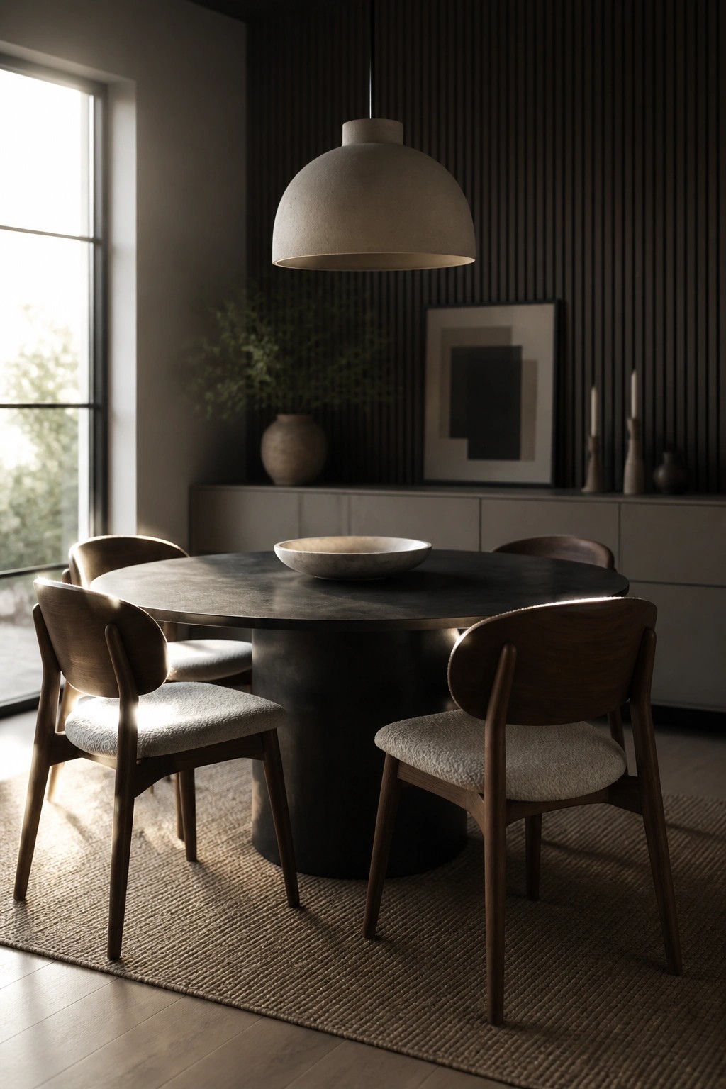 A round dark dining table with four wooden chairs featuring light upholstered seats, placed on a woven rug under a large pendant light in a room with dark paneled walls.