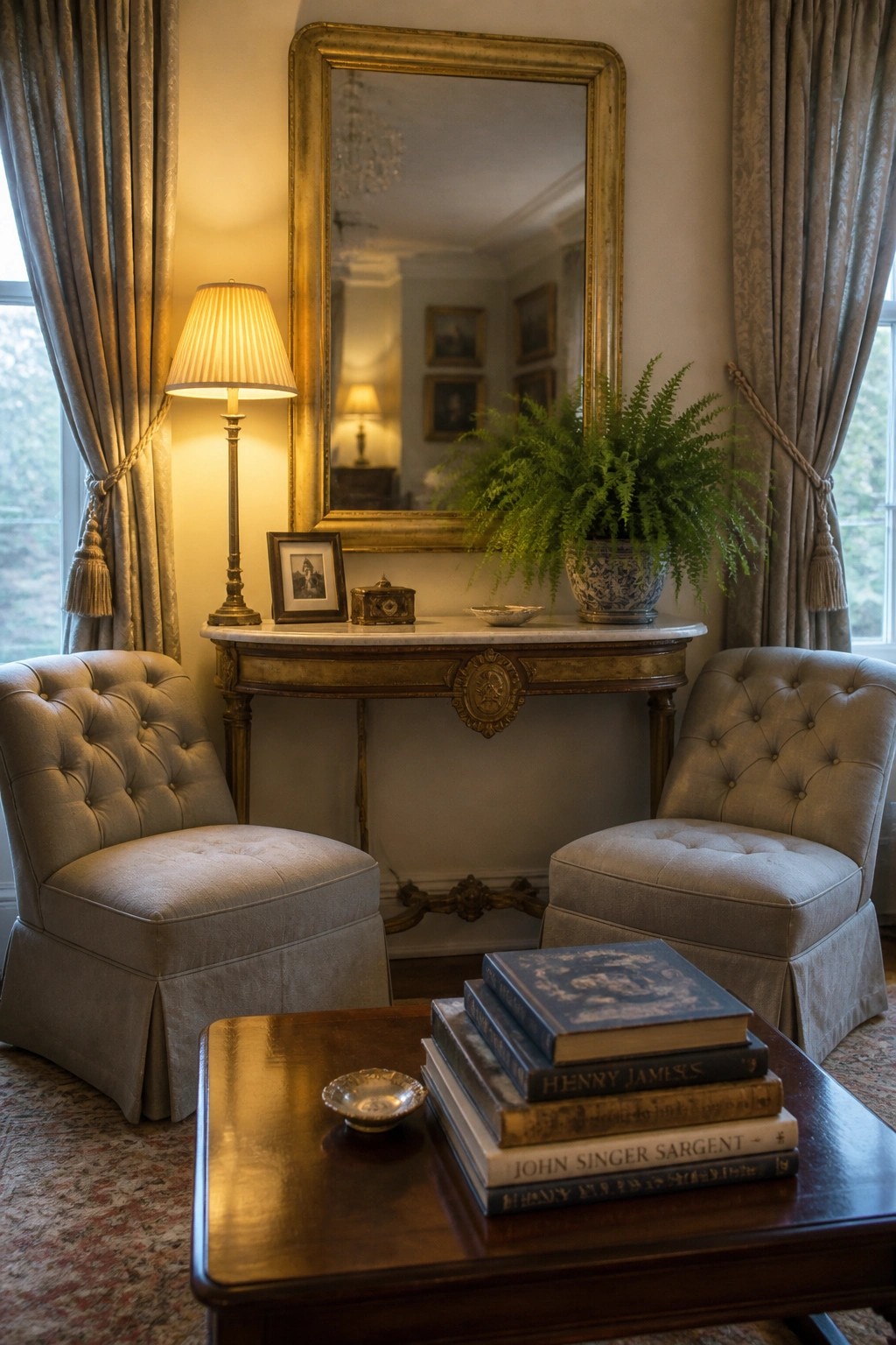 Two tufted upholstered armchairs with ottomans face a wooden coffee table holding stacked books in a room with a marble console table and large mirror.