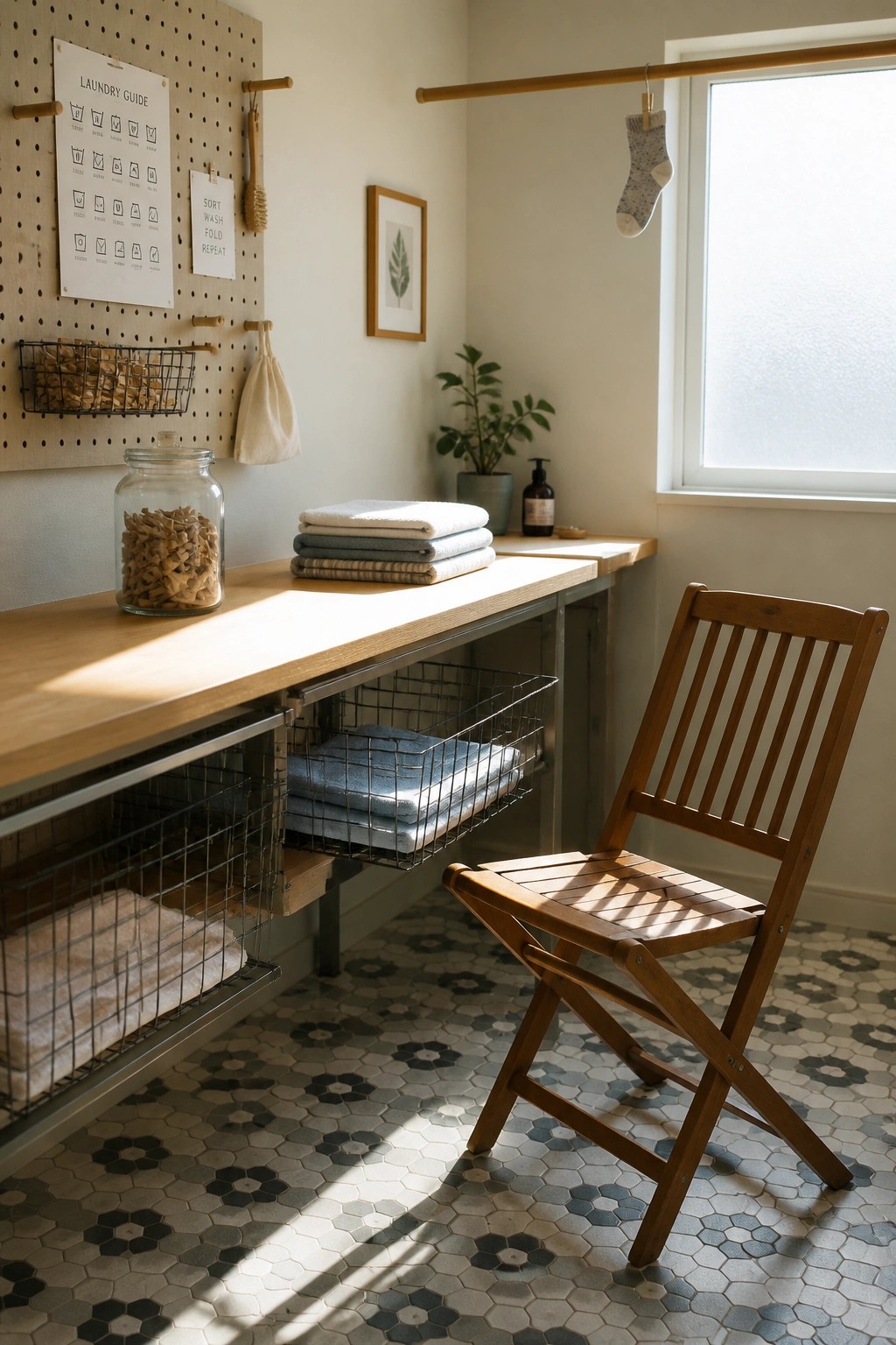 A wooden folding chair positioned on a patterned tile floor beside a long wooden laundry counter with wire storage baskets.