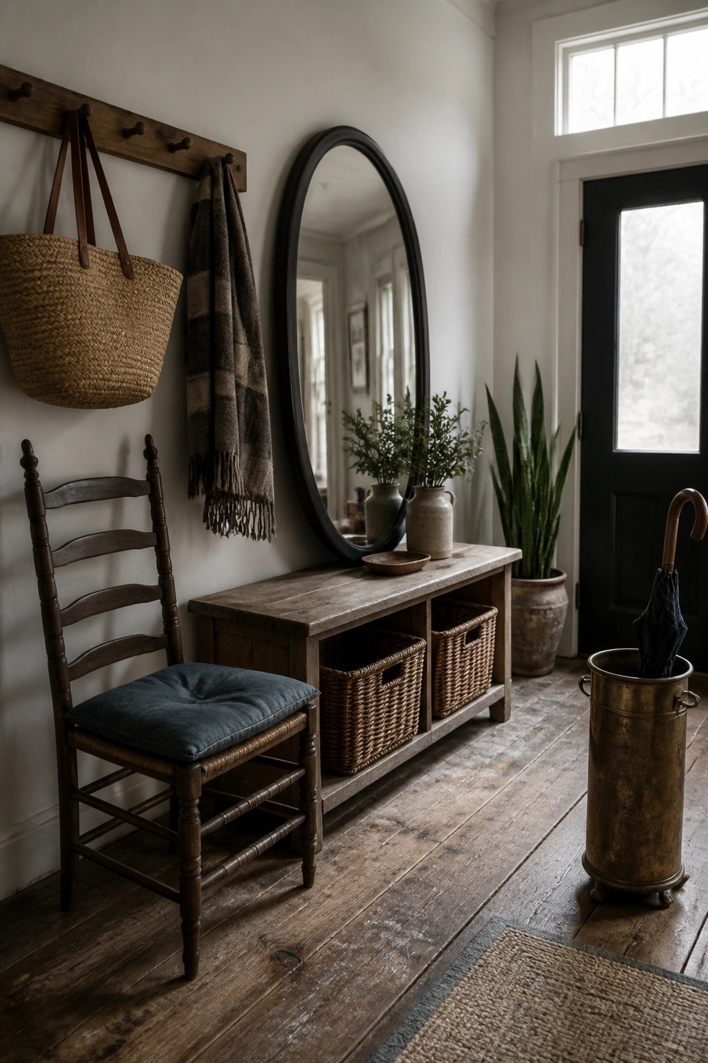 A dark wooden ladder-back chair with a blue cushion stands on a wood floor beside a rustic console table holding baskets and a large oval mirror.