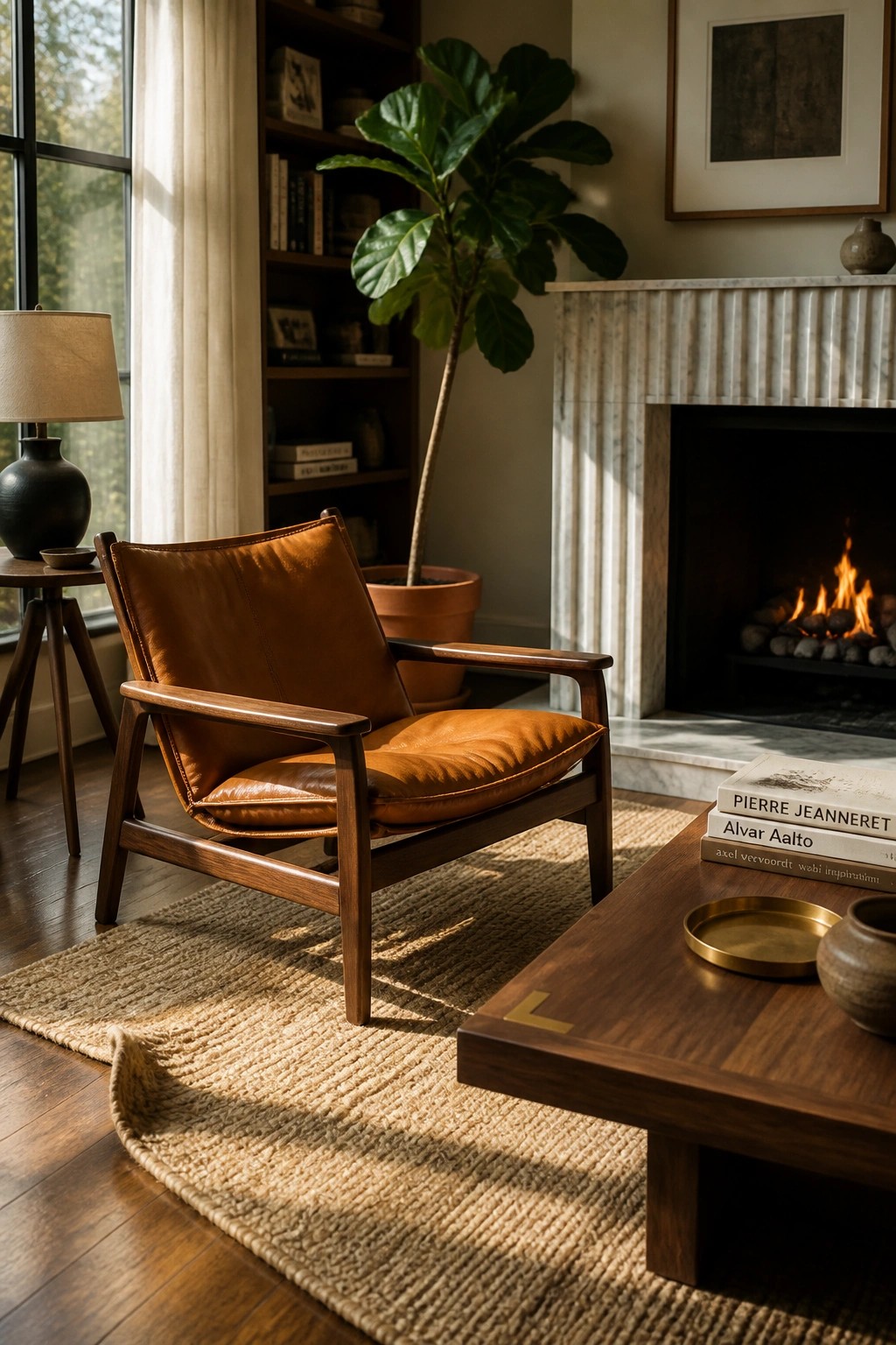 Brown leather armchair on jute rug near marble fireplace and wooden table.