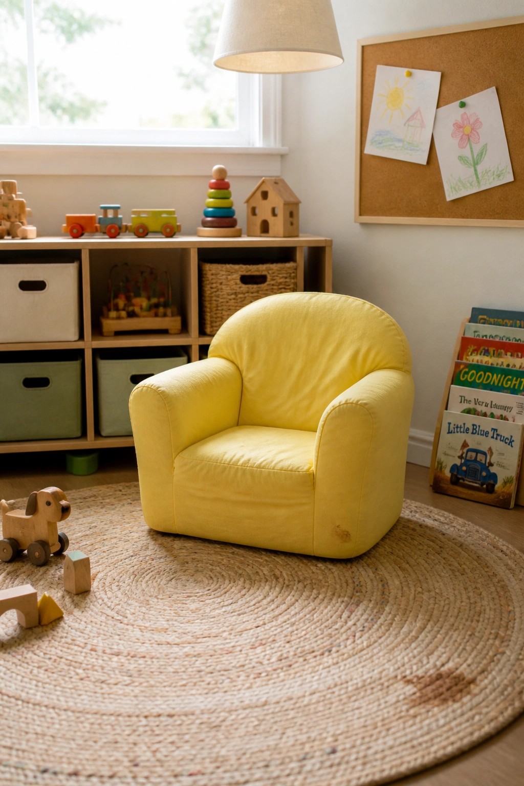 A bright yellow rounded armchair sits on a circular woven rug in a children's playroom with wooden storage shelves, books, and toys visible.