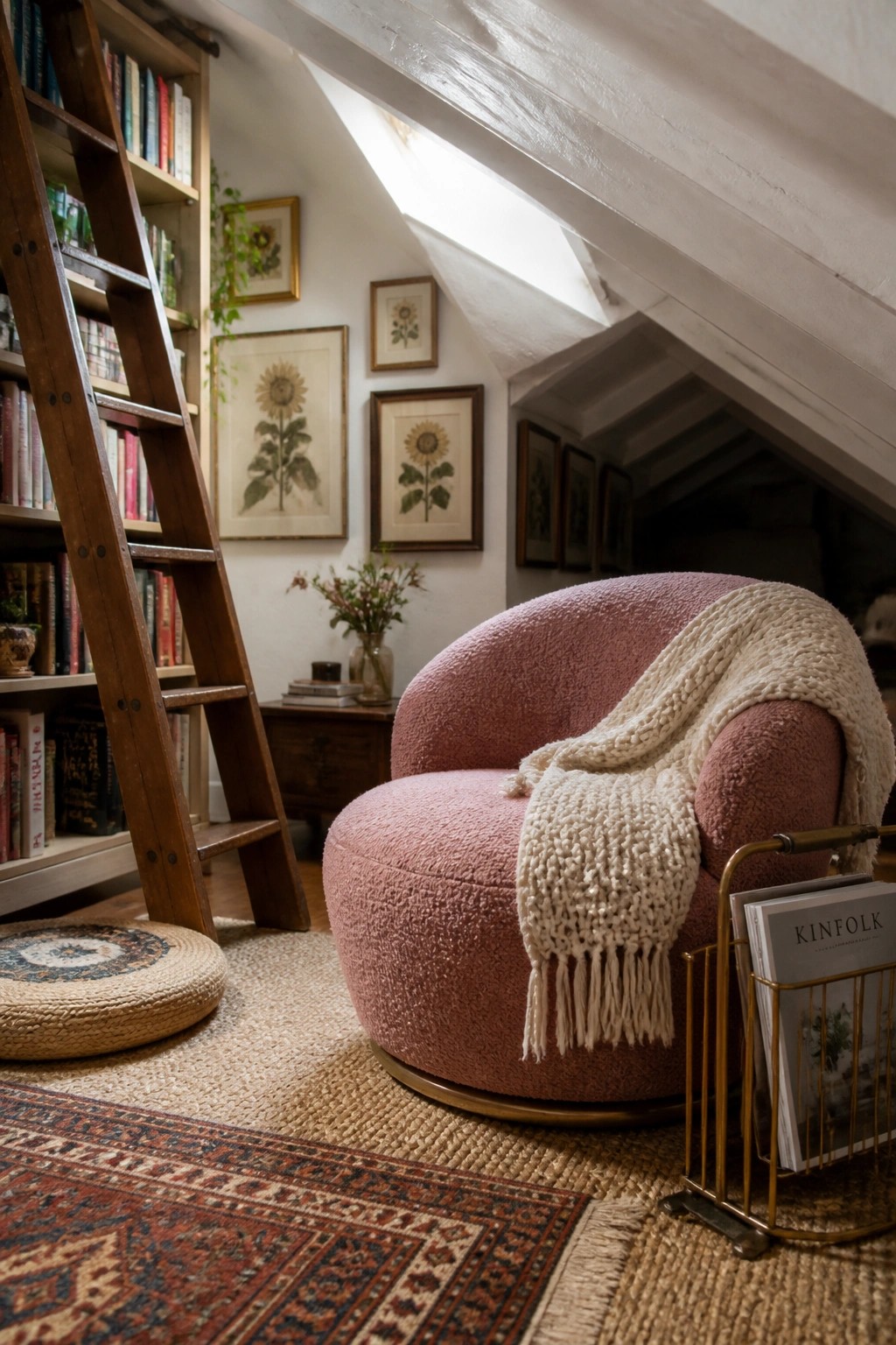 A pink rounded boucle armchair with a cream knit throw sits on layered rugs beneath a sloped attic ceiling, next to a wooden ladder bookshelf and framed sunflower prints.
