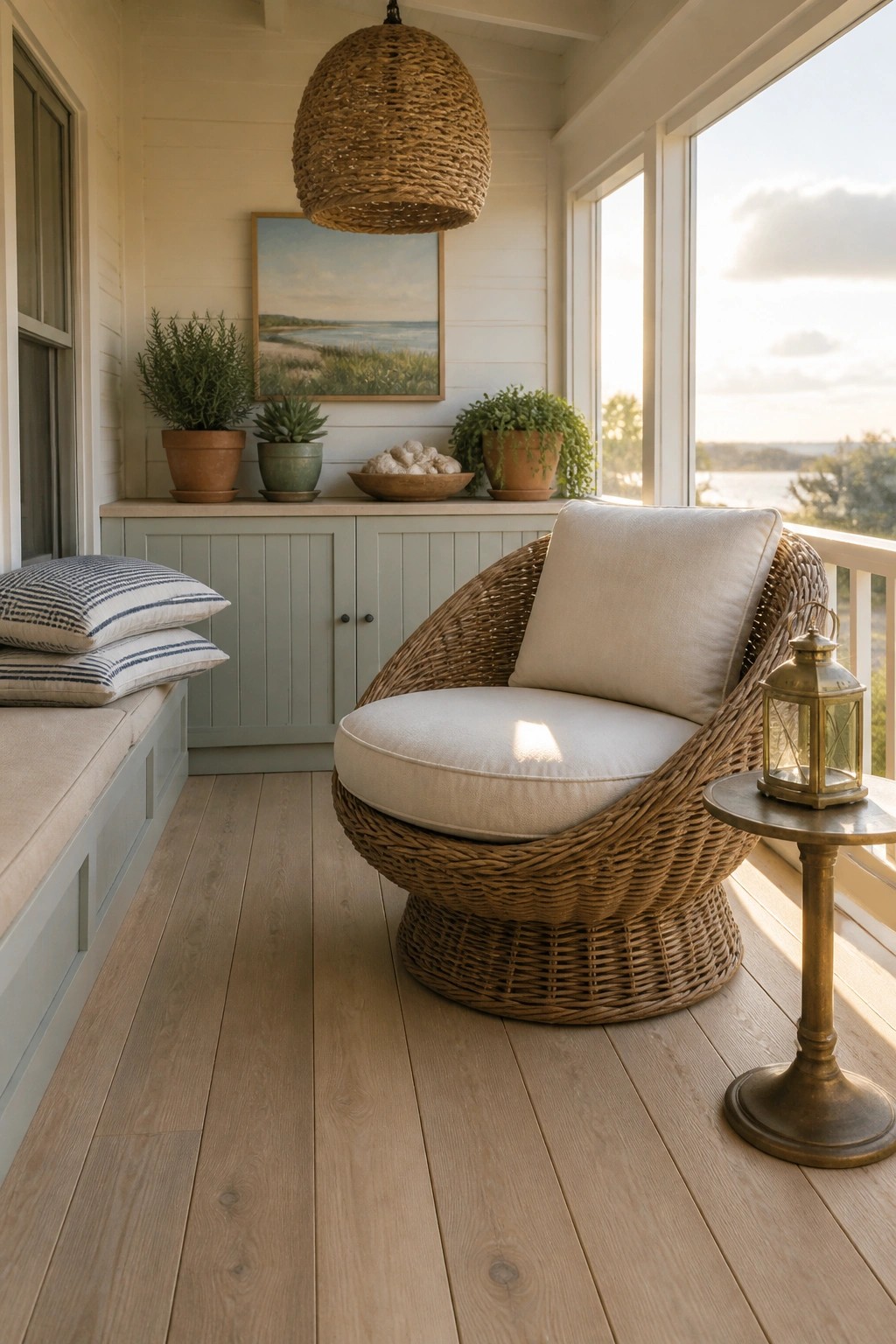 A woven wicker armchair with white cushions on a wooden porch beside potted plants, a lantern on a side table, and a bench with striped pillows.