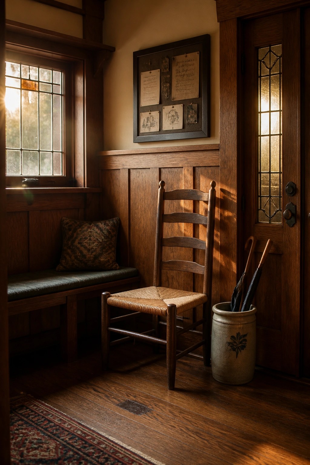 A wooden ladderback chair with a woven rush seat stands on a hardwood floor in a paneled entryway beside a ceramic umbrella holder.