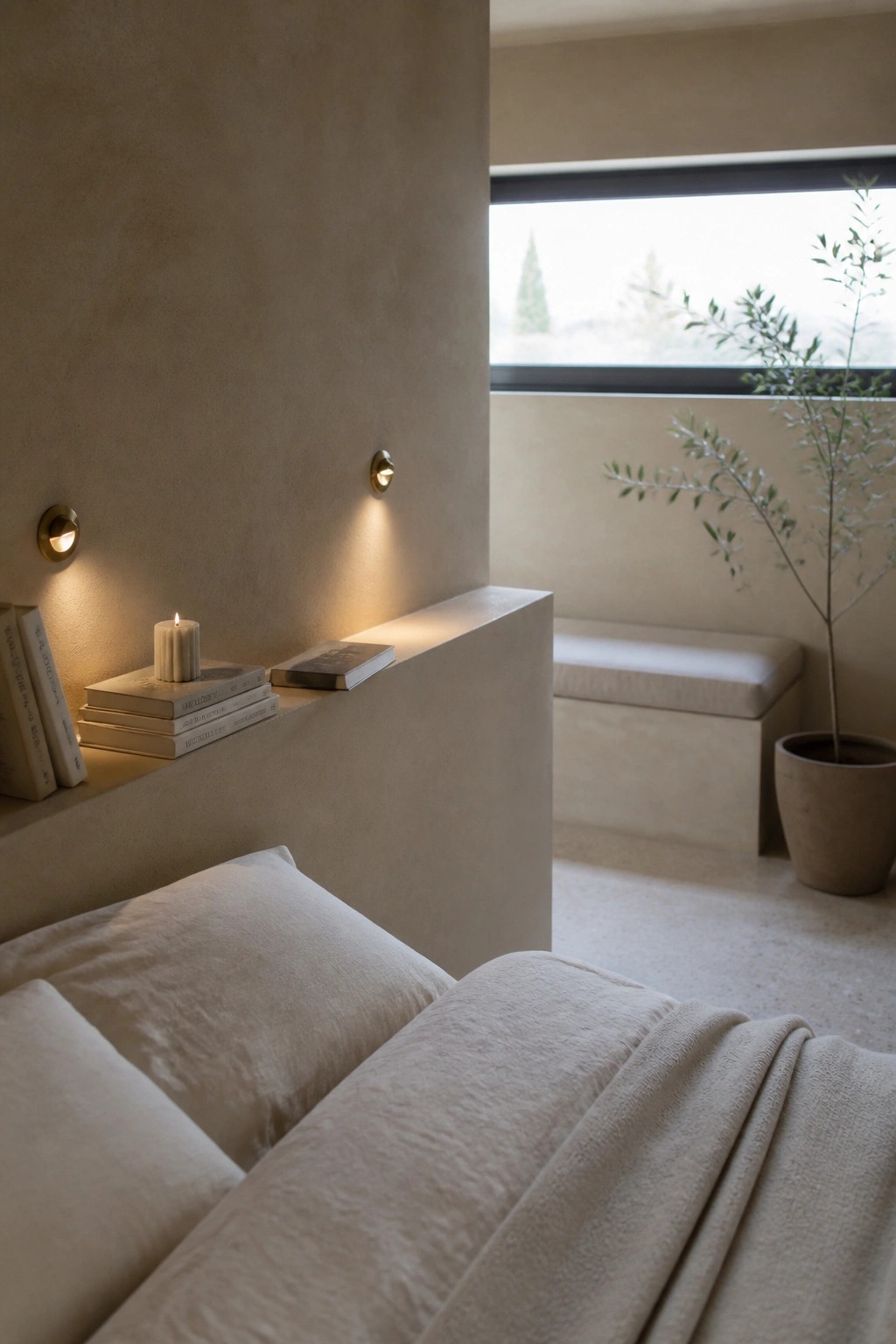 A bedroom interior with a bed covered in soft white bedding, a built-in wall ledge holding stacked books and a lit candle, and two small wall sconces providing warm light.