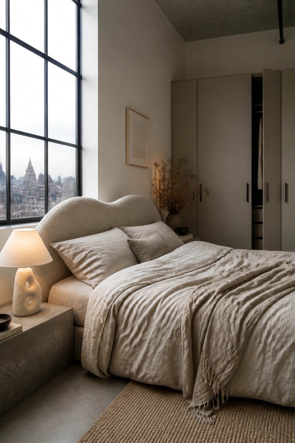 A bedroom with a bed dressed in light beige linen bedding, a curved upholstered headboard, and a large window on the left side.