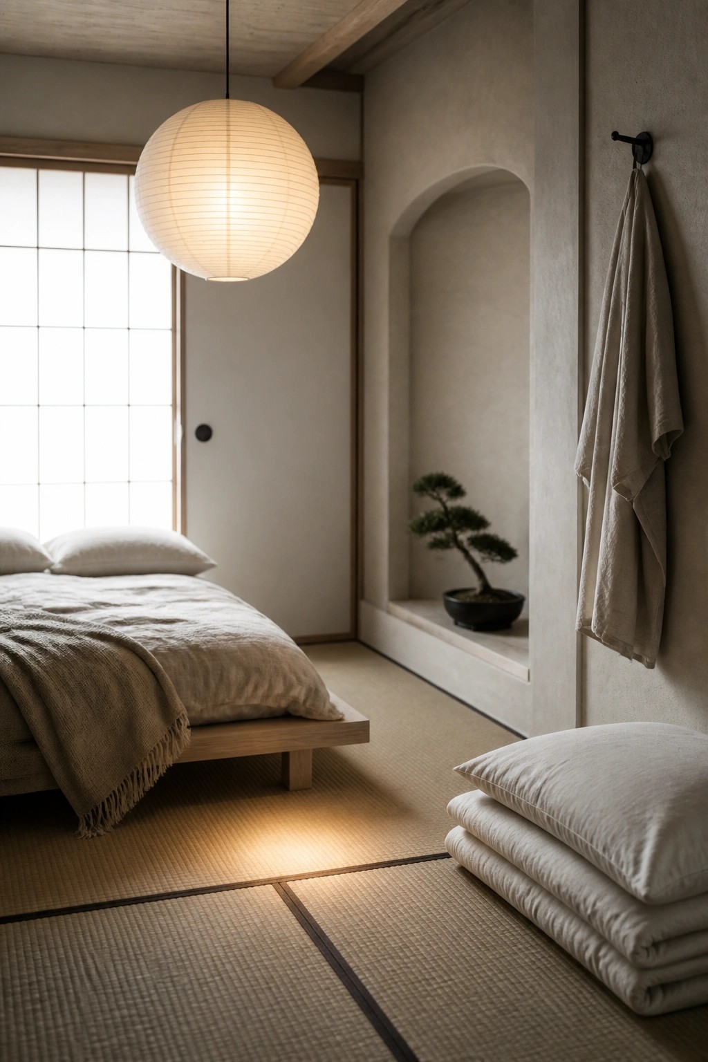 Minimalist Japanese bedroom with tatami mats, low bed, paper lantern, and bonsai.