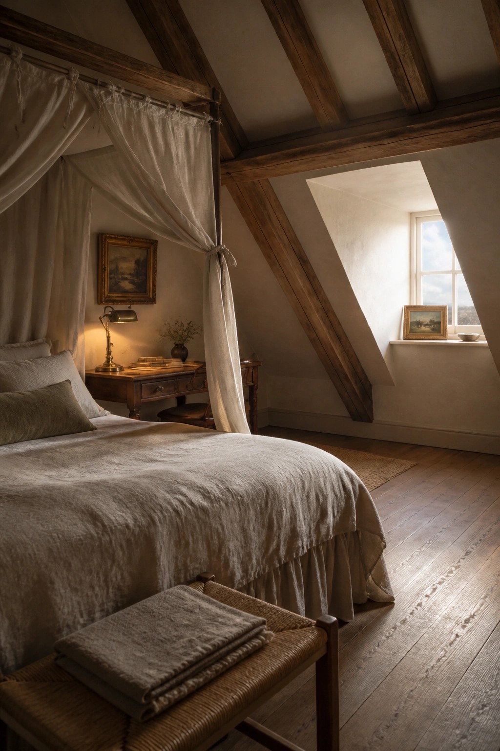 A bedroom with a canopy bed dressed in layered beige linen bedding, a wooden desk, and a sloped ceiling with exposed beams.