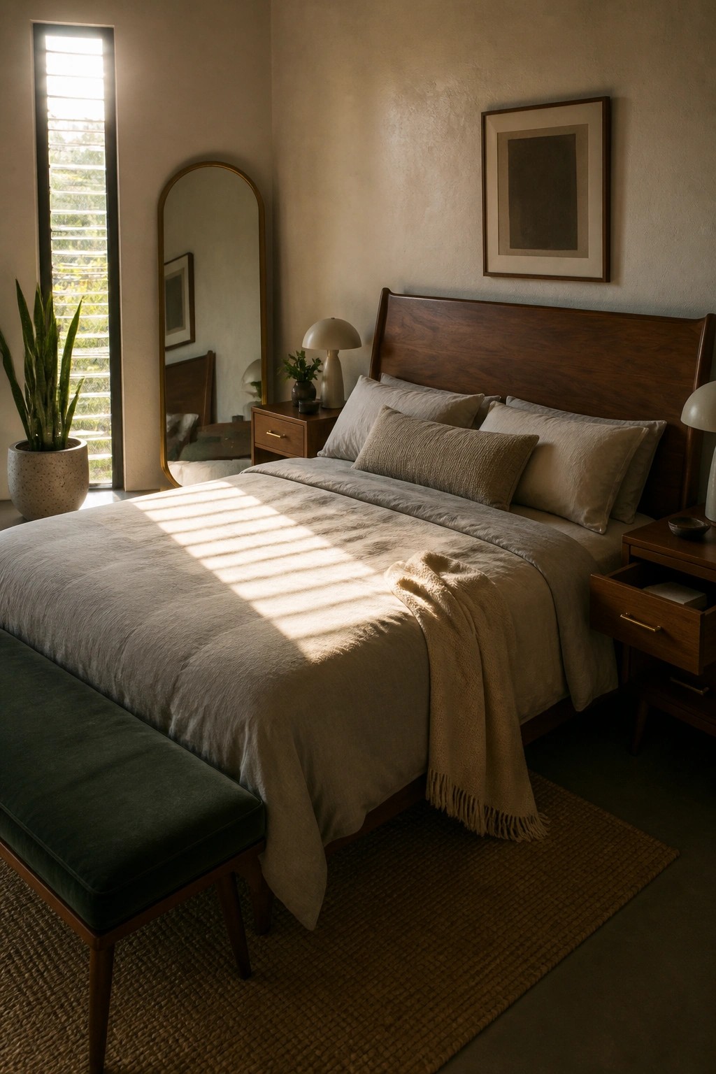 A bedroom featuring a large wooden bed dressed in layered soft gray and beige bedding, with a dark green bench at the foot and warm sunlight casting stripes across the covers.