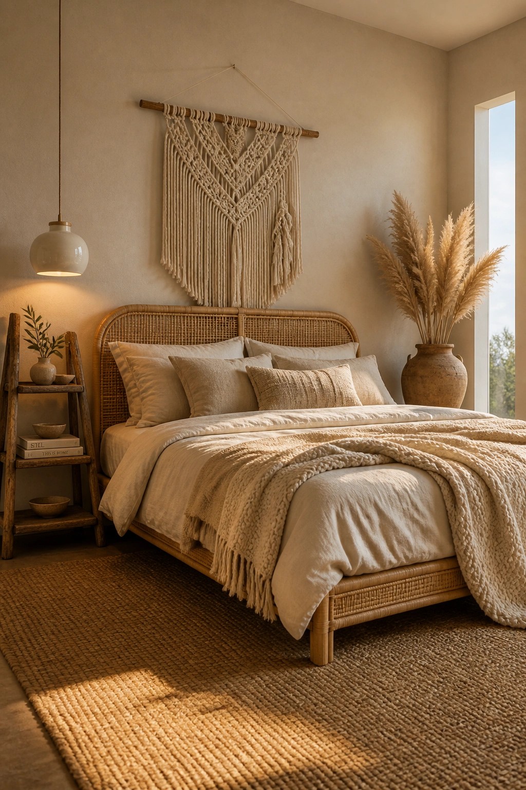 A bedroom featuring a rattan bed with layered neutral bedding, a macrame wall hanging above, and a large jute rug on the floor.