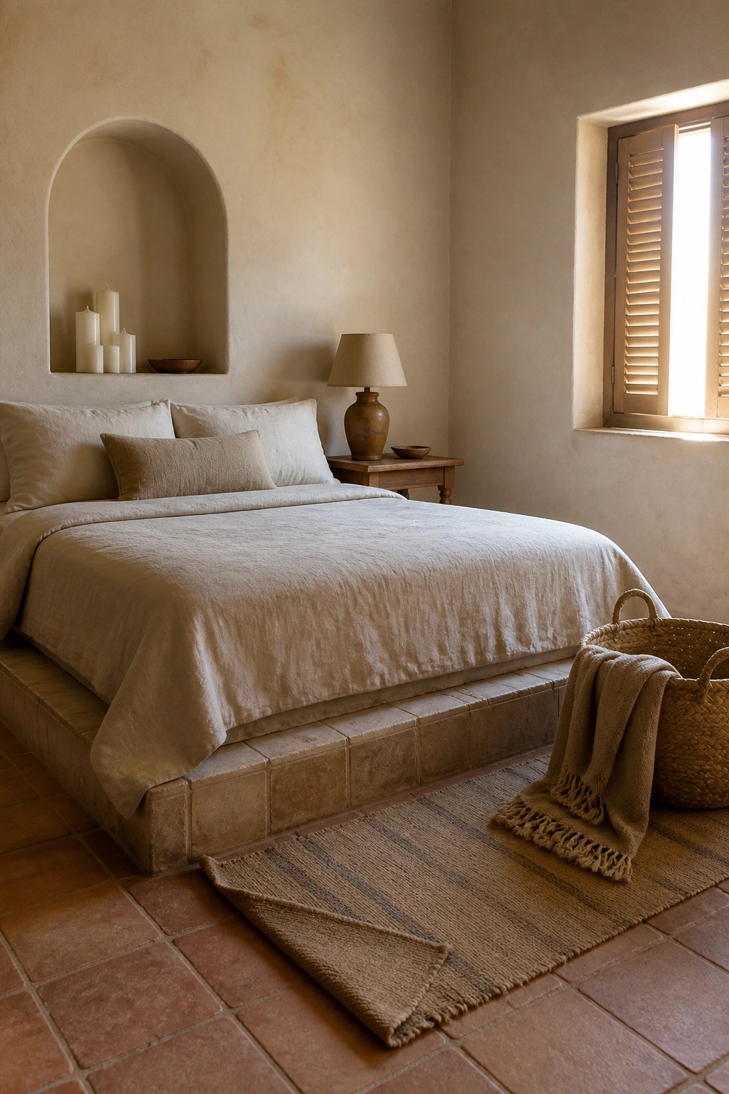 Minimalist bedroom with beige linens on brick platform, arched candle niche, woven rug, and terracotta tiles.