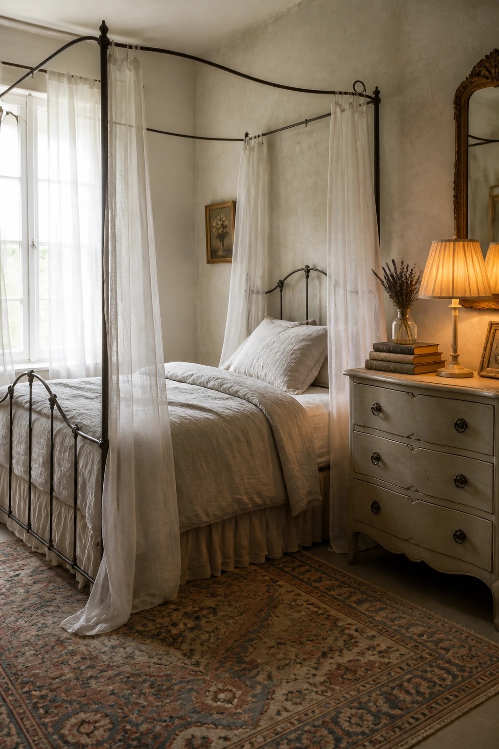 A bedroom featuring a dark metal canopy bed with flowing white sheer curtains, neutral linen bedding, a patterned rug, and a weathered dresser holding stacked books and a lit lamp.