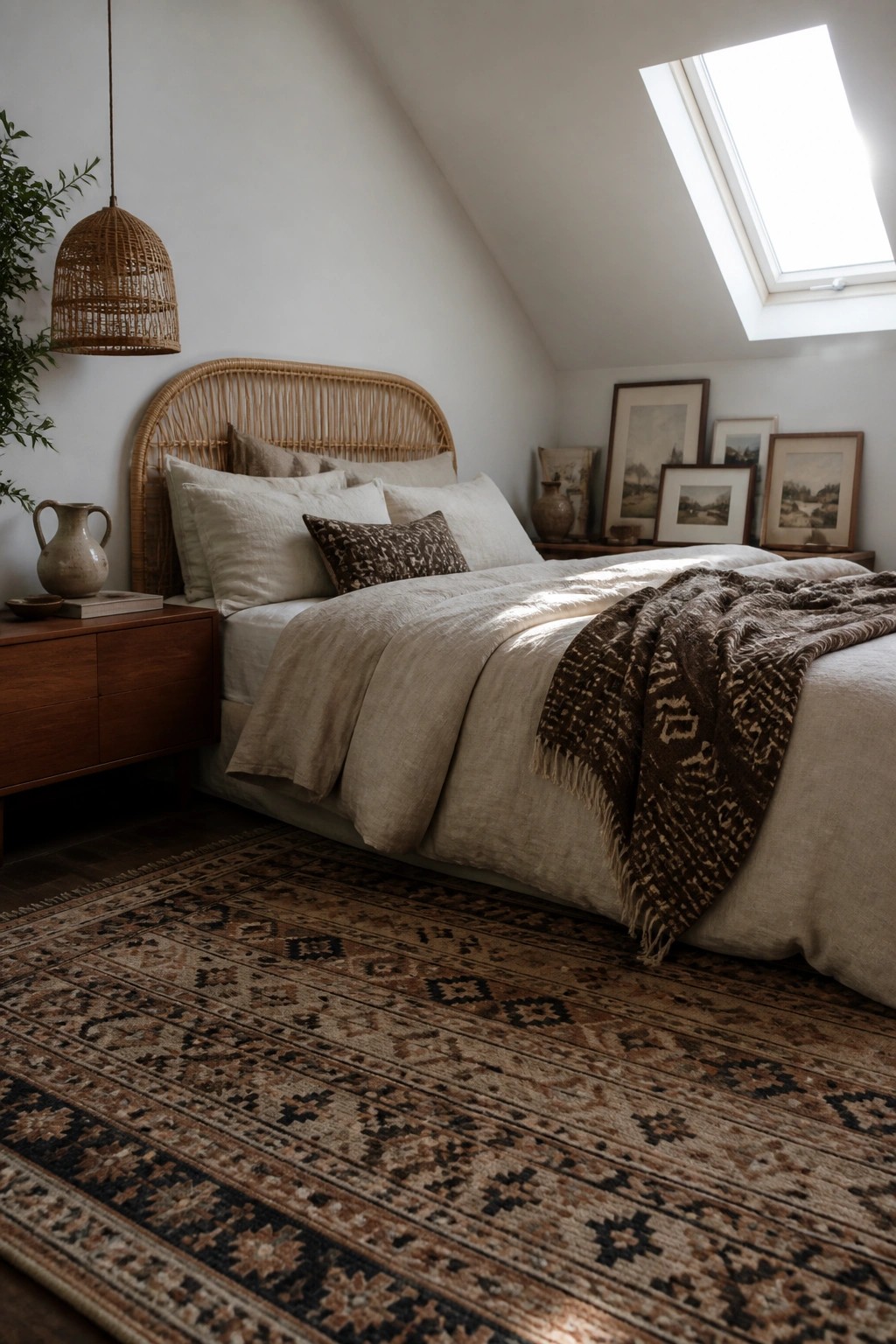 A bedroom with a rattan headboard, layered neutral bedding, and a patterned rug under a skylight.