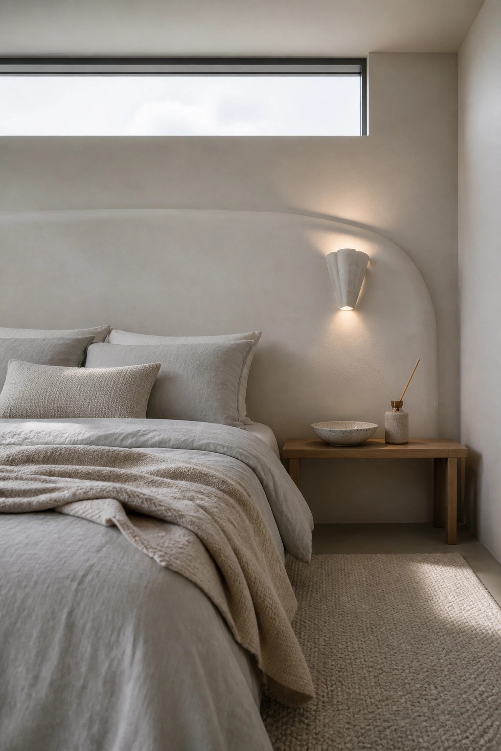 A bedroom with a large bed covered in rumpled light beige linen bedding against a curved upholstered headboard, a wall sconce above a simple wooden nightstand.