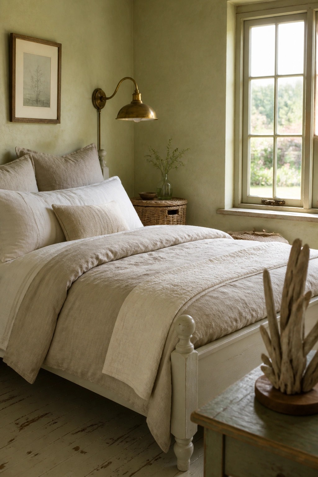 A bedroom featuring a white wooden bed with layered off-white and beige linen bedding, a brass wall lamp, and a window on the right.