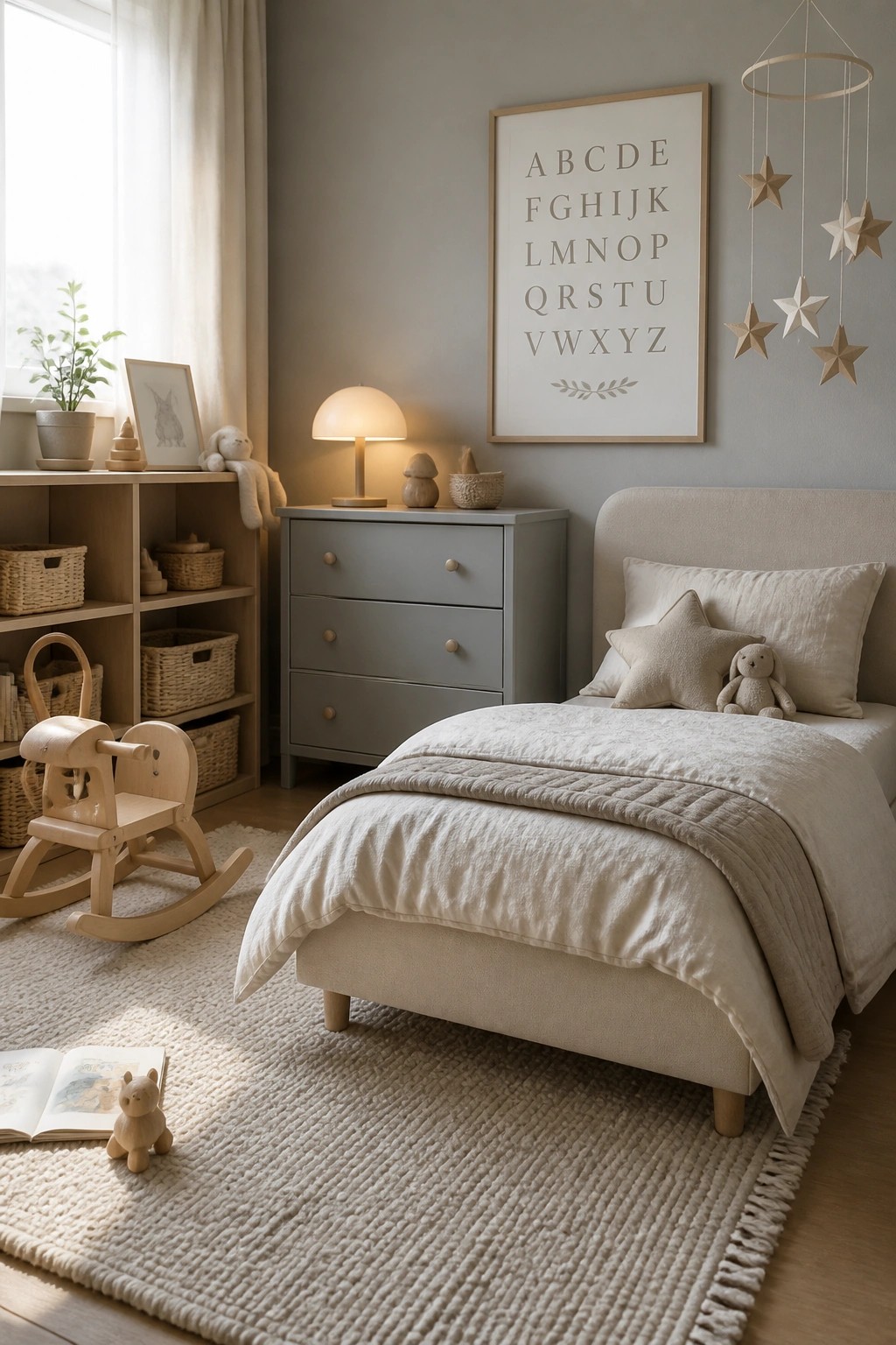A children's bedroom featuring a bed with soft beige bedding, a gray dresser, wooden toys on a woven rug, and an alphabet print on the wall.