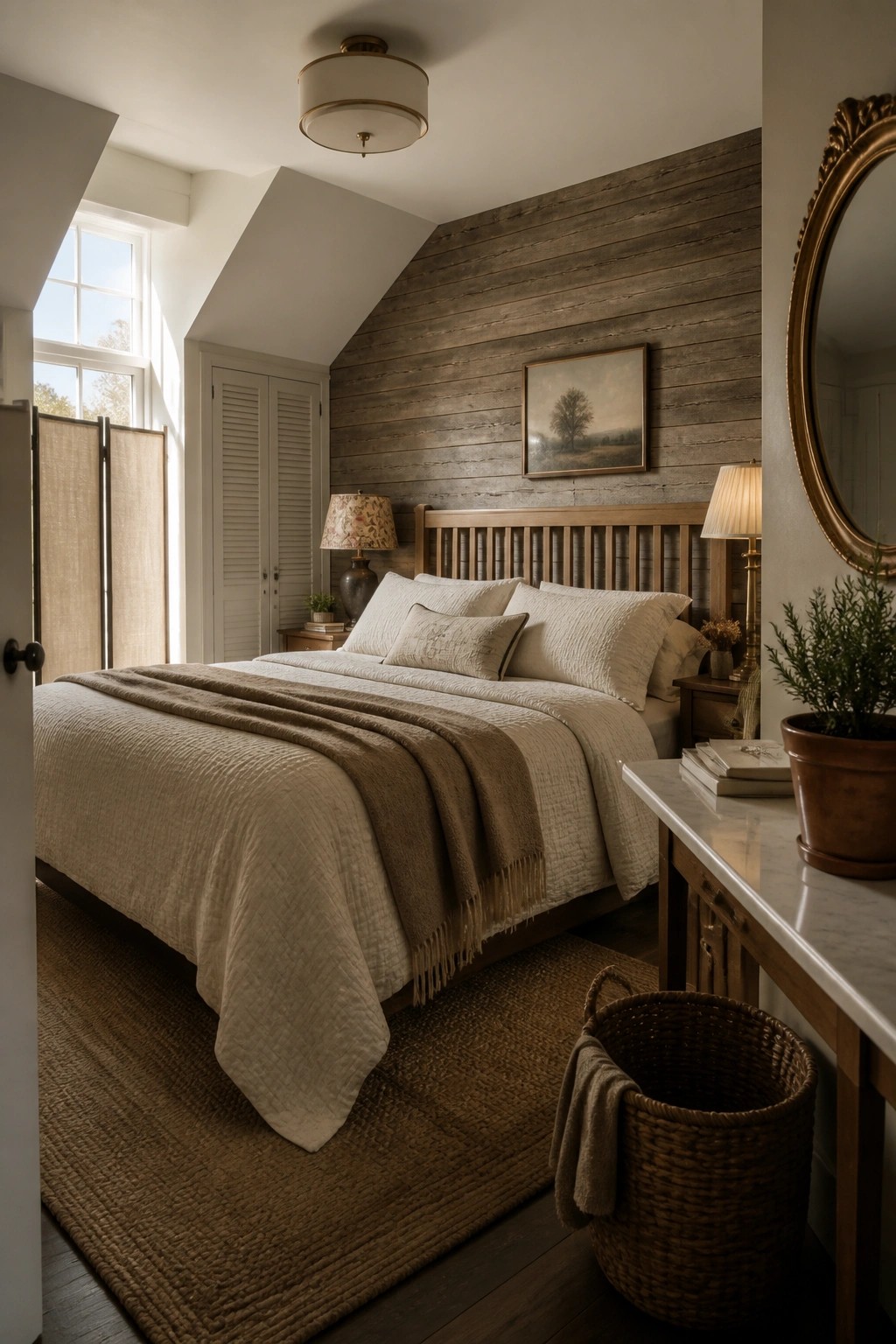 A master bedroom with a wooden bed dressed in layered neutral bedding, a woven rug on the floor, and wood accents on the walls.