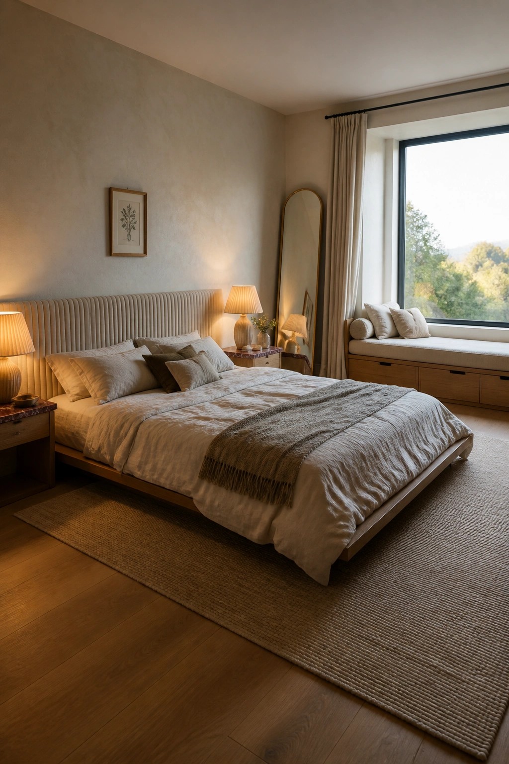 A bedroom featuring a large bed with layered neutral linens and a fringed throw, flanked by wooden nightstands with lamps, a tall arched mirror, and a window seat beside a large window.