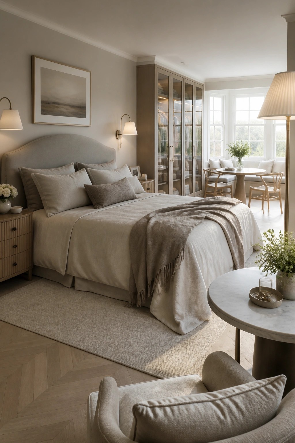 Serene neutral bedroom with upholstered bed, beige linens, marble table, and windows.